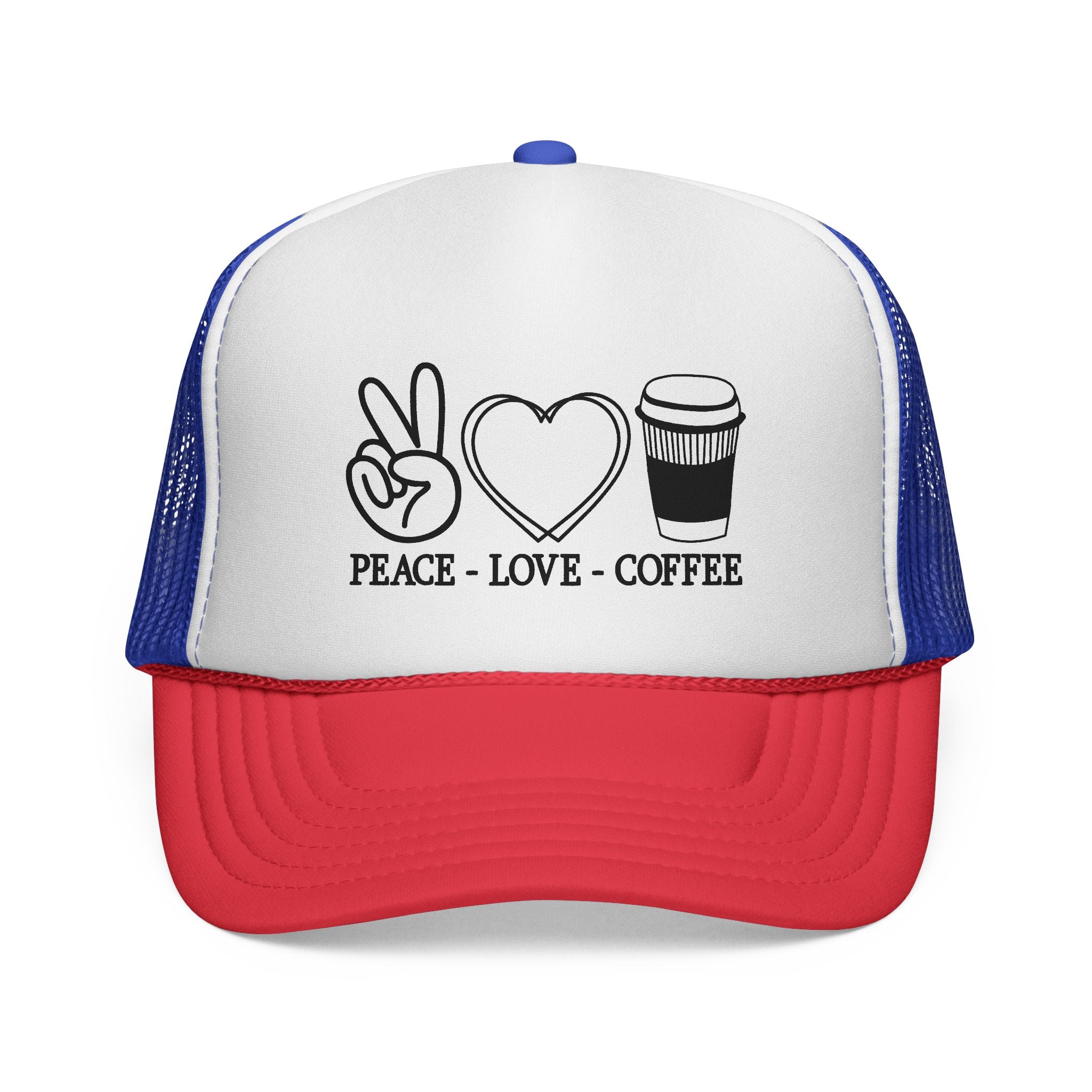 Peace, Love, Coffee Trucker Cap | Fun Casual Hat for Coffee Lovers | Great Gift for Holidays & Celebrations, Outdoors, Festivals, Beach