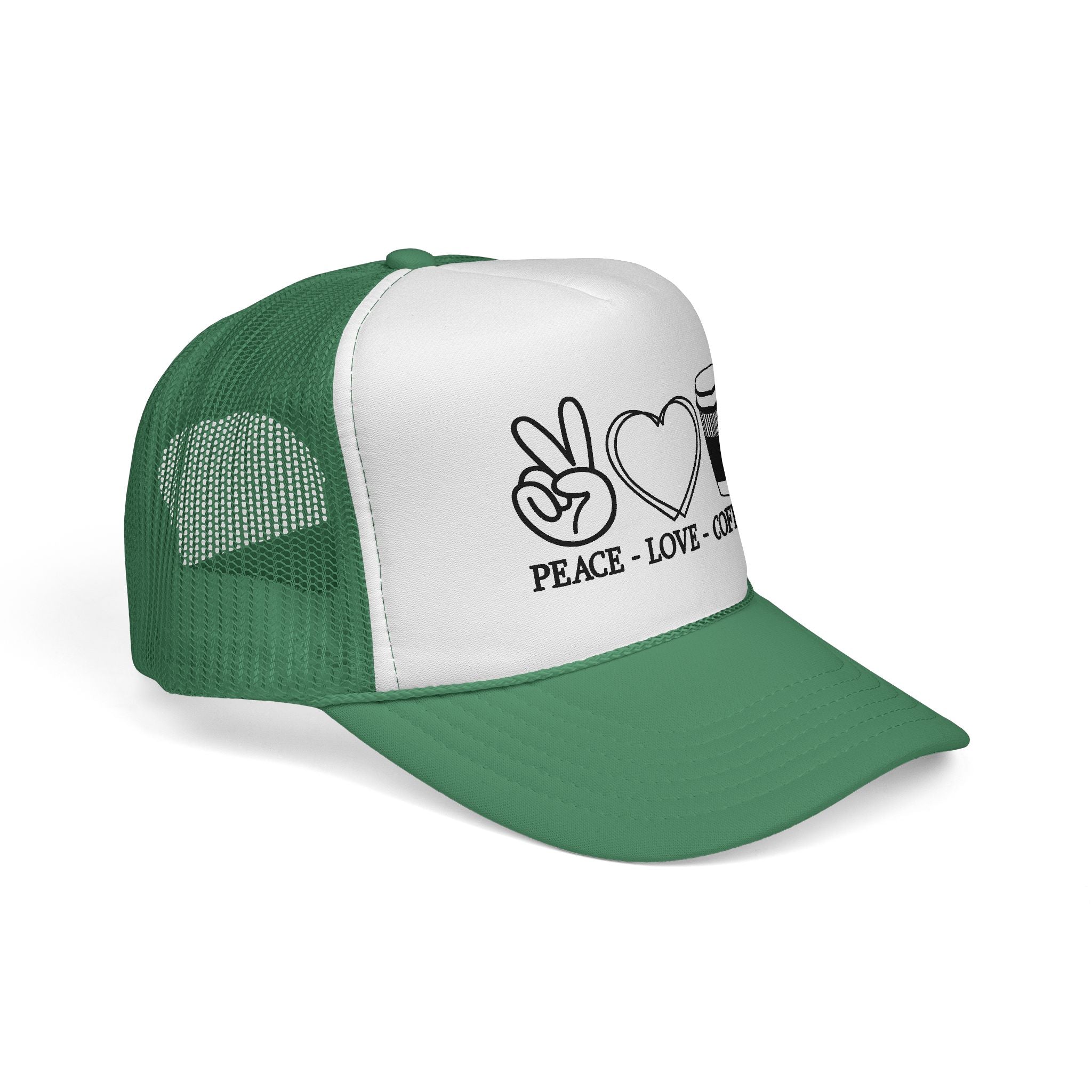 Peace, Love, Coffee Trucker Cap | Fun Casual Hat for Coffee Lovers | Great Gift for Holidays & Celebrations, Outdoors, Festivals, Beach
