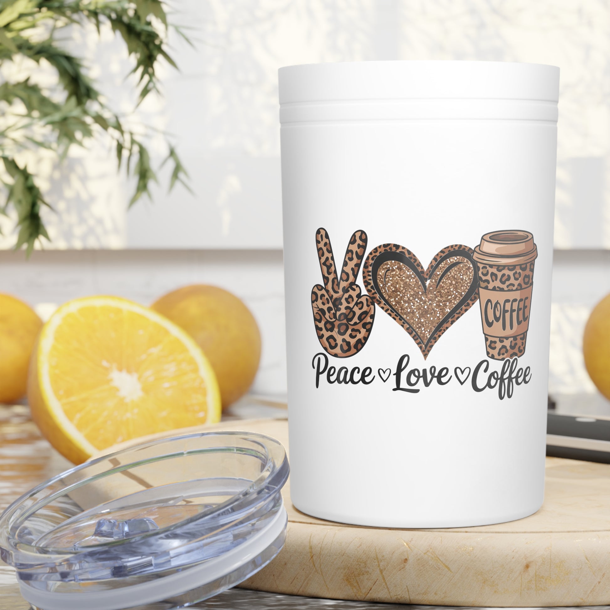 Peace, Love, Coffee Tumbler 11oz Insulated Mug for Coffee Lovers, Cute Gift for Her, Eco-Friendly Travel Cup