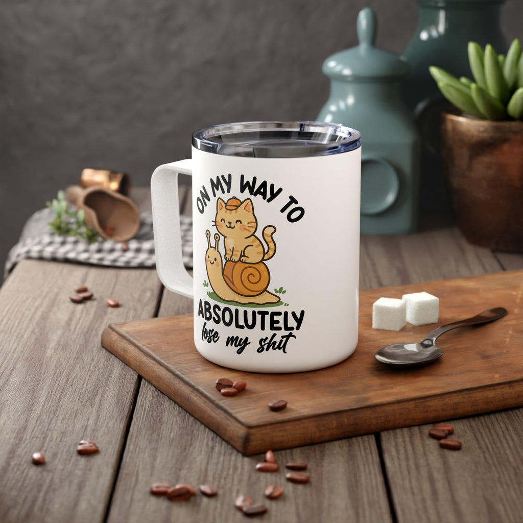 Sarcastic Insulated Travel Coffee Mug, On my way to Absolutely lose my shit Travel Mug for Coffee Lovers, Snail & Cat Sarcastic Quote Cup, Caffeine Lover Gift Mug, 10oz