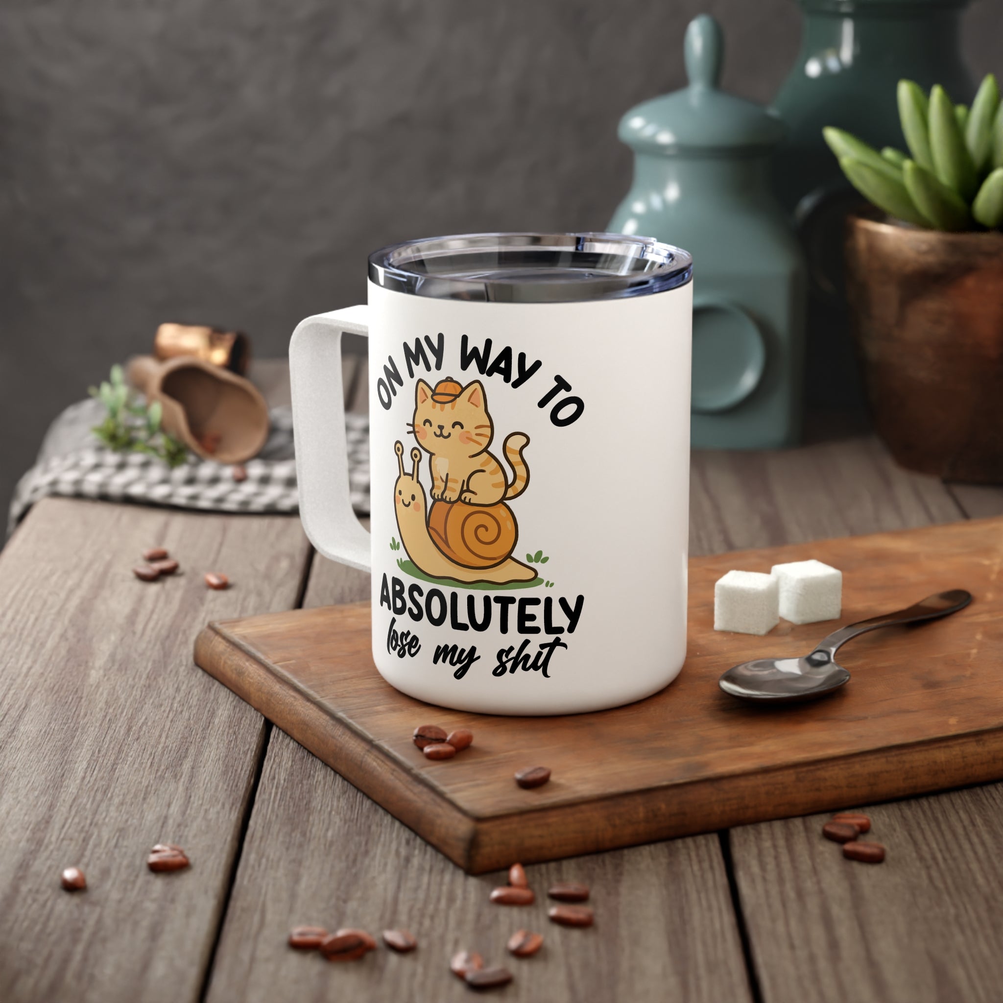 Sarcastic Insulated Travel Coffee Mug, On my way to Absolutely lose my shit Travel Mug for Coffee Lovers, Snail & Cat Sarcastic Quote Cup, Caffeine Lover Gift Mug, 10oz