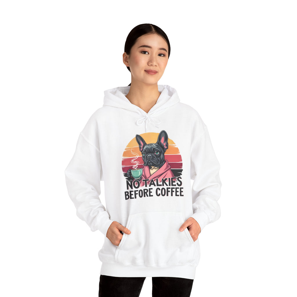 Coffee Lovers Hoodie with French Bulldog Design, No talkies before Coffee Hoodie
