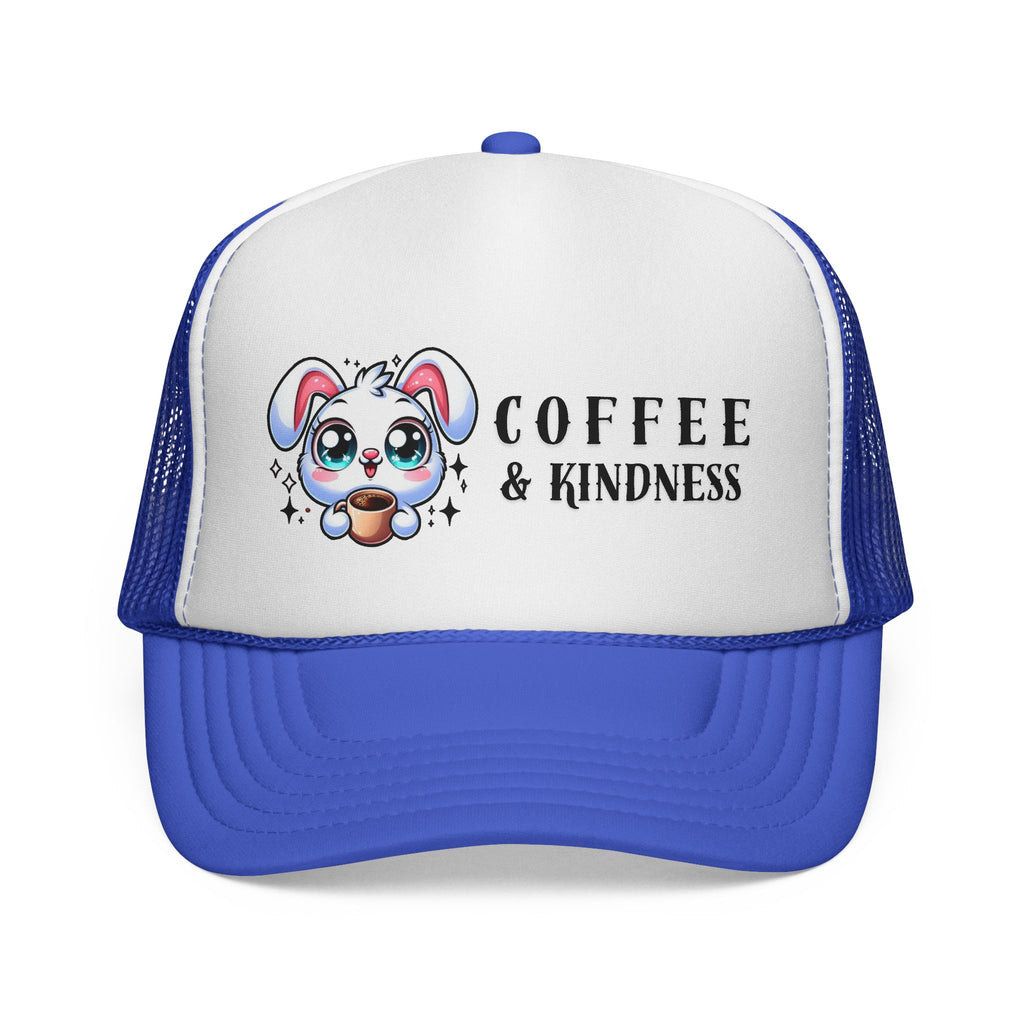 Cute Coffee & Kindness Trucker Cap, Kawaii Bunny Hat, Gift for Coffee Lovers, Spring Accessory, Animal Lover Apparel