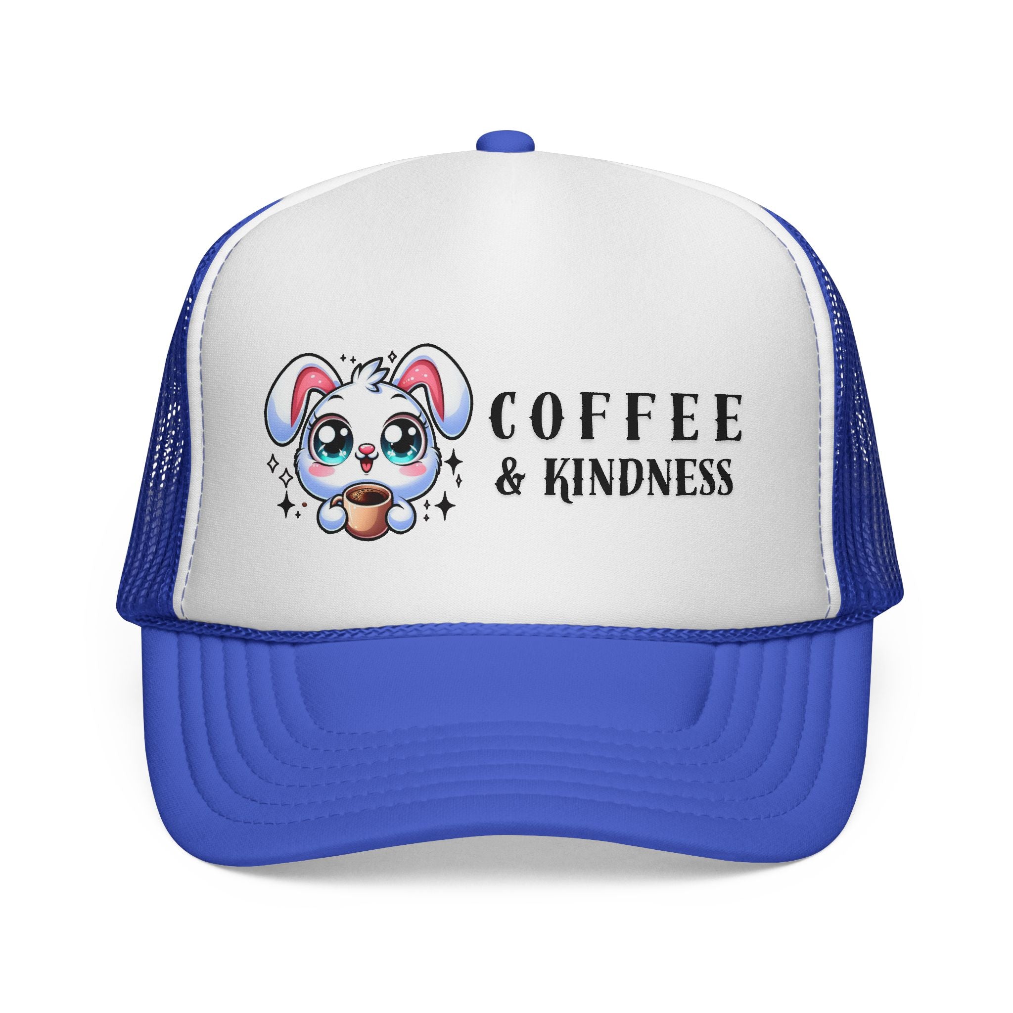 Cute Coffee & Kindness Trucker Cap, Kawaii Bunny Hat, Gift for Coffee Lovers, Spring Accessory, Animal Lover Apparel