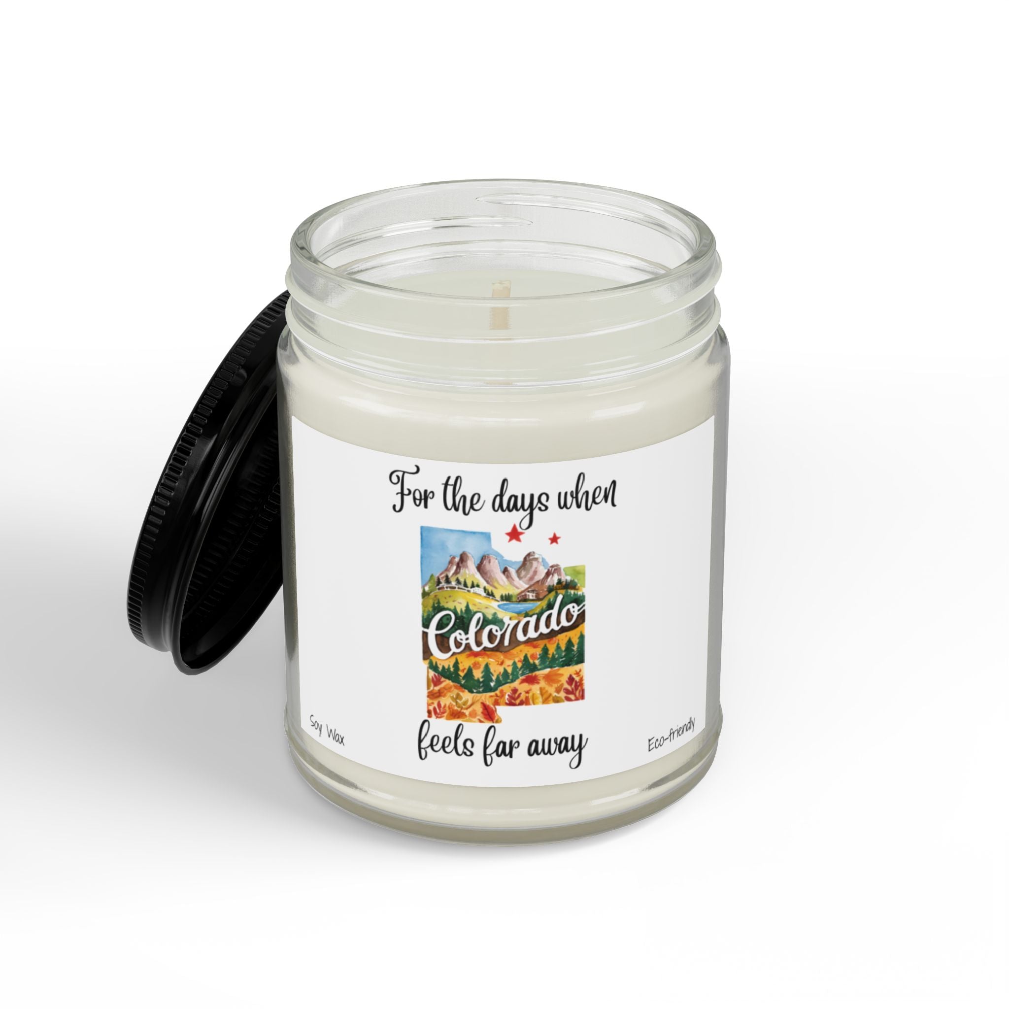 For the days when Colorado feels far away, Homesick Colorado Gift, State Candle, Souvenir, Scented Soy Candles Black Lid, Eco-friendly Gift