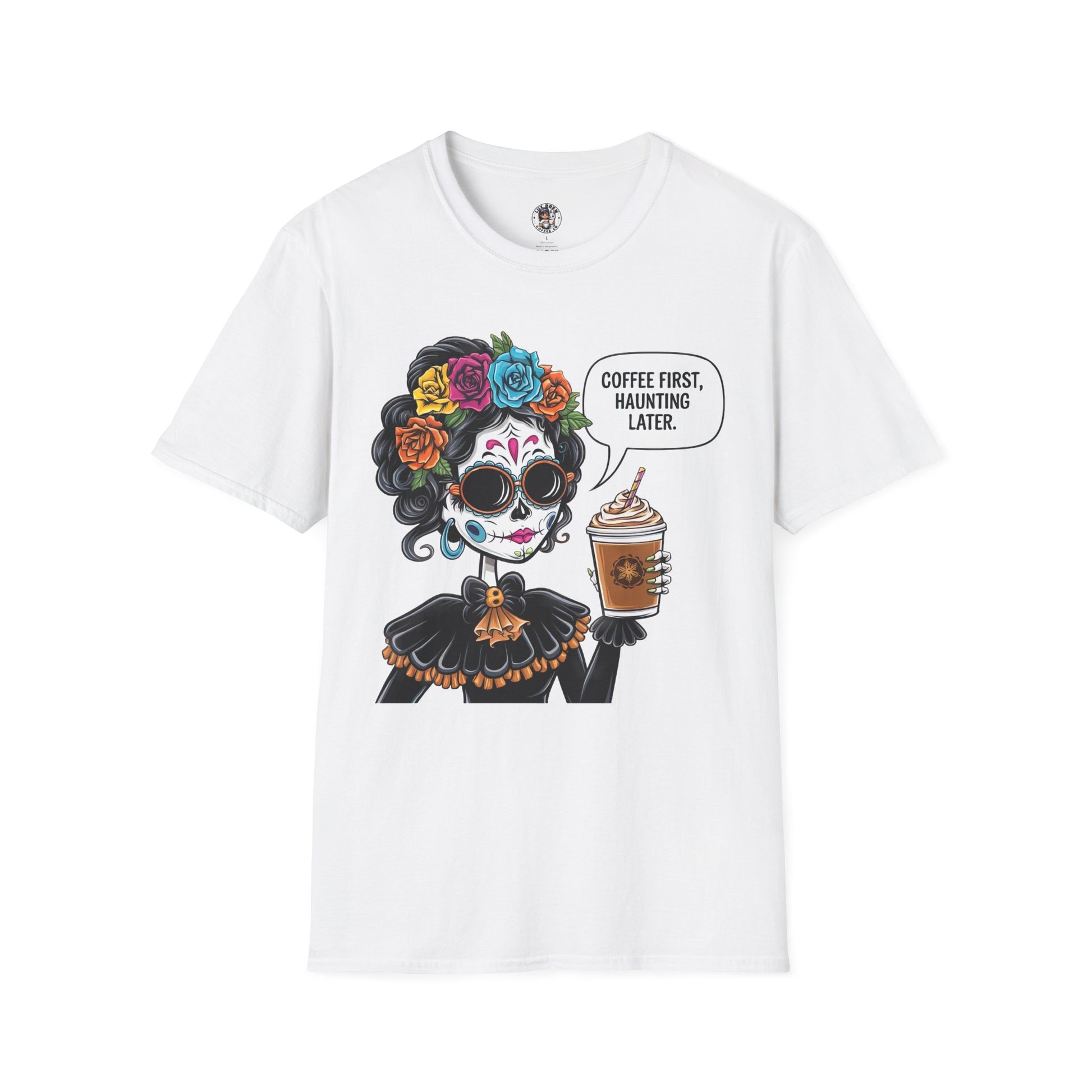 Coffee First, Haunting Later Halloween T-Shirt, Cute Halloween Apparel, Coffee Lover Gift