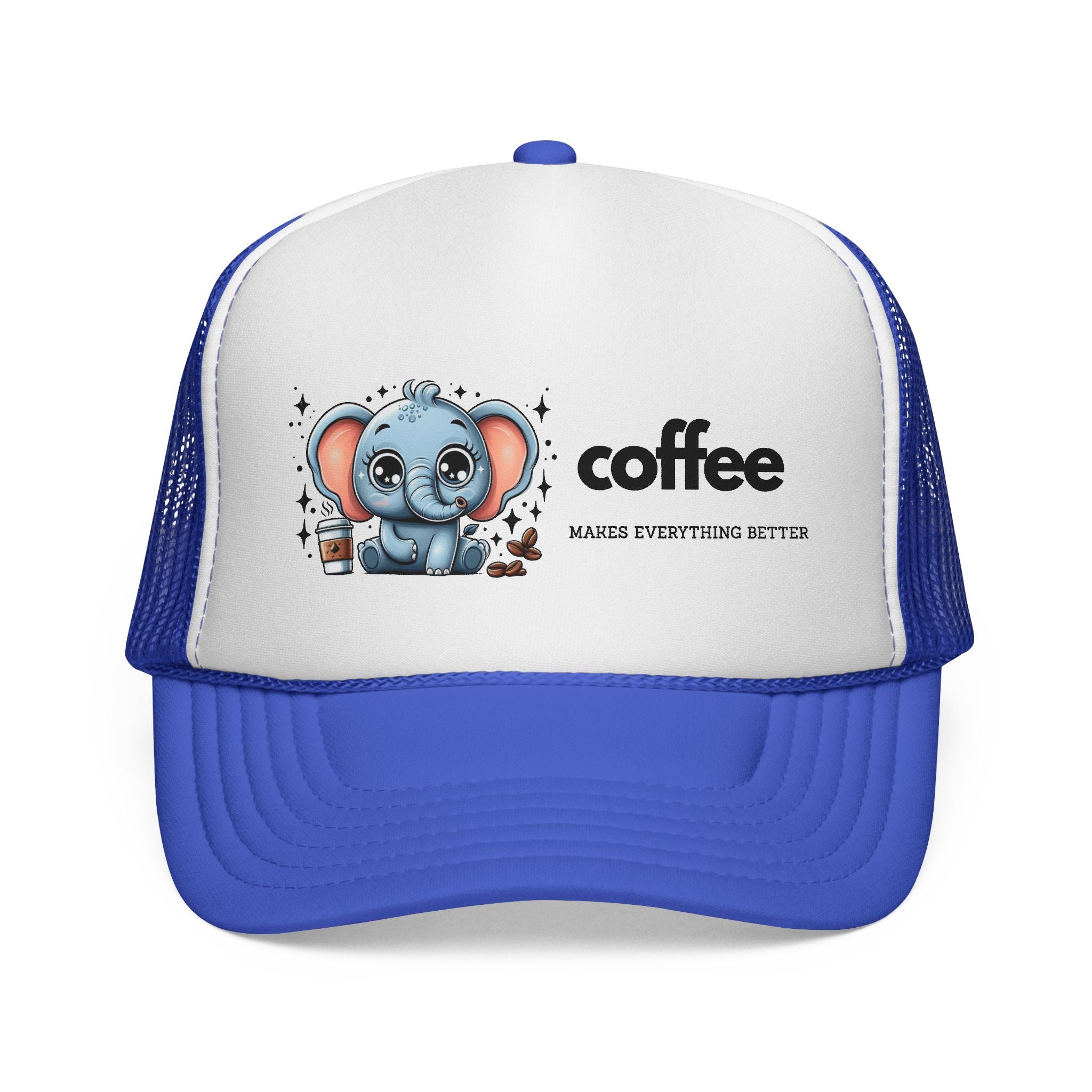 Coffee-Themed Trucker Cap, Cute Elephant Design, Perfect for Coffee Lovers, Fun Gift for Holidays and Everyday Wear