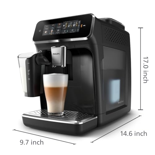 PHILIPS Series 3300 Fully Automatic Espresso Coffee Machine - 6 Hot & Iced Drinks, LatteGo Milk System, 40% Quieter SilentBrew, Ceramic Grinder, Aquaclean Filter, Glossy Black (EP3341/50)