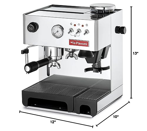 La Pavoni Domus Bar Espresso/Cappuccino Machine - Built-in Conical Burr Grinder with 7 Settings - Stainless Steel Body - 2.7L Water Reservoir - Turbo Steam Wand & Marine Brass Boiler - Made in Italy