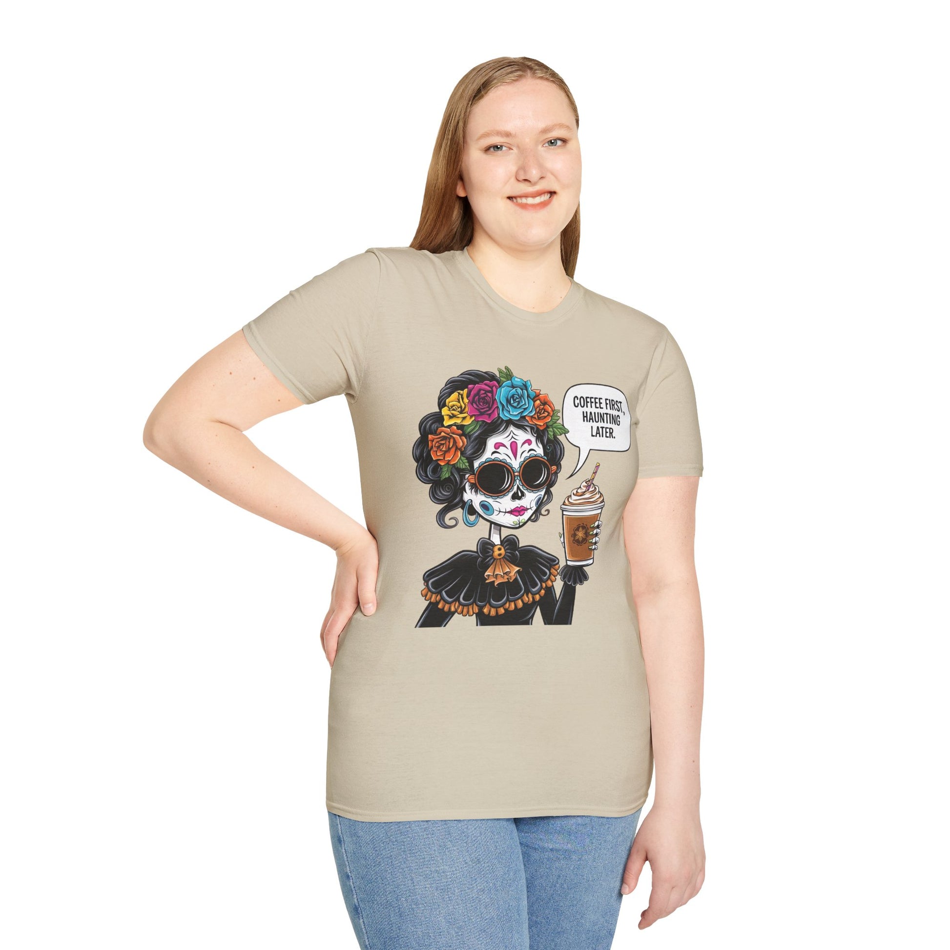 Coffee First, Haunting Later Halloween T-Shirt, Cute Halloween Apparel, Coffee Lover Gift