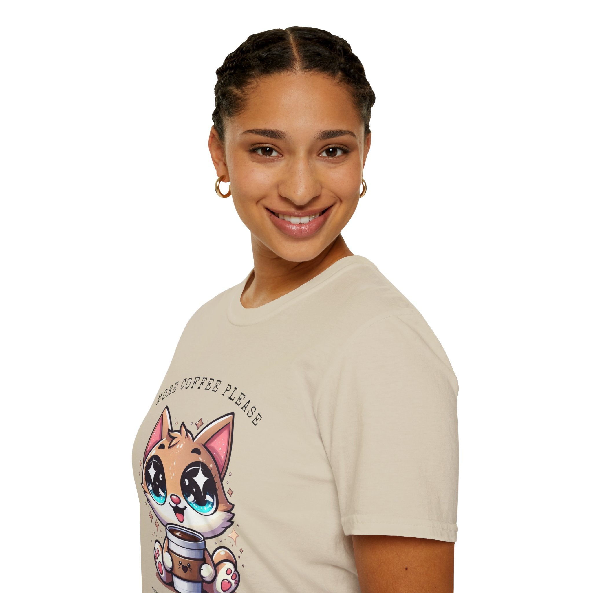 Cute Coffee Cat T-Shirt, Perfect for Cat Lovers, More coffee please .... It's purrrrfuct, Unisex Softstyle Tee