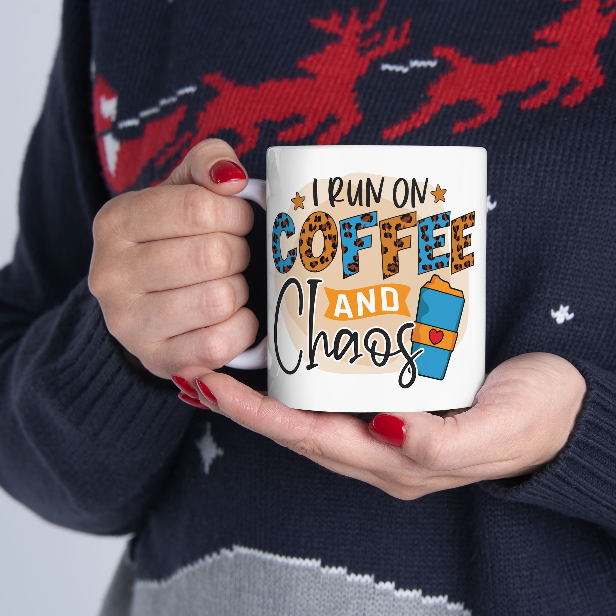 Coffee Lover Mug "I Run on Coffee and Chaos" Ceramic Coffee Cup, Coffee Lovers Coffee Cup (11oz & 15oz)