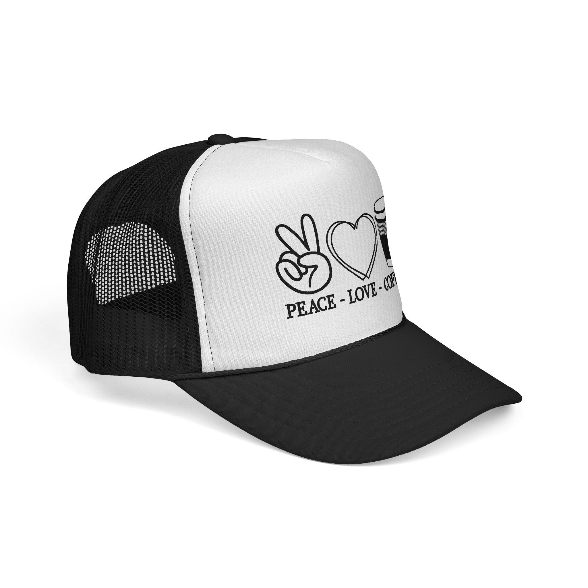 Peace, Love, Coffee Trucker Cap | Fun Casual Hat for Coffee Lovers | Great Gift for Holidays & Celebrations, Outdoors, Festivals, Beach