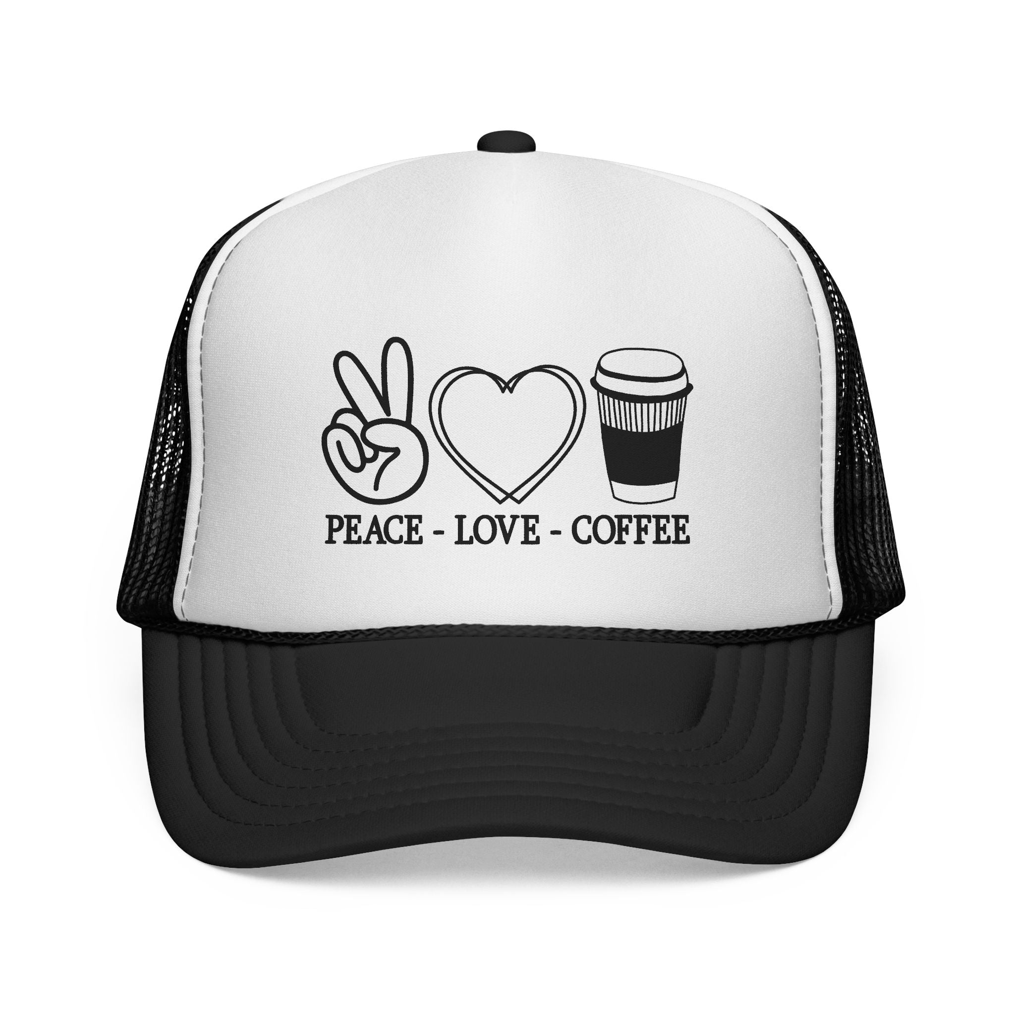 Peace, Love, Coffee Trucker Cap | Fun Casual Hat for Coffee Lovers | Great Gift for Holidays & Celebrations, Outdoors, Festivals, Beach