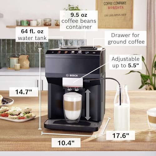 Bosch 500 Series Fully Automatic Espresso Machine – Touch Control Panel, Milk Hose, Ceramic Grinder, Uses Beans & Ground Coffee, 9 One-Touch Drinks, in Black TPU40109