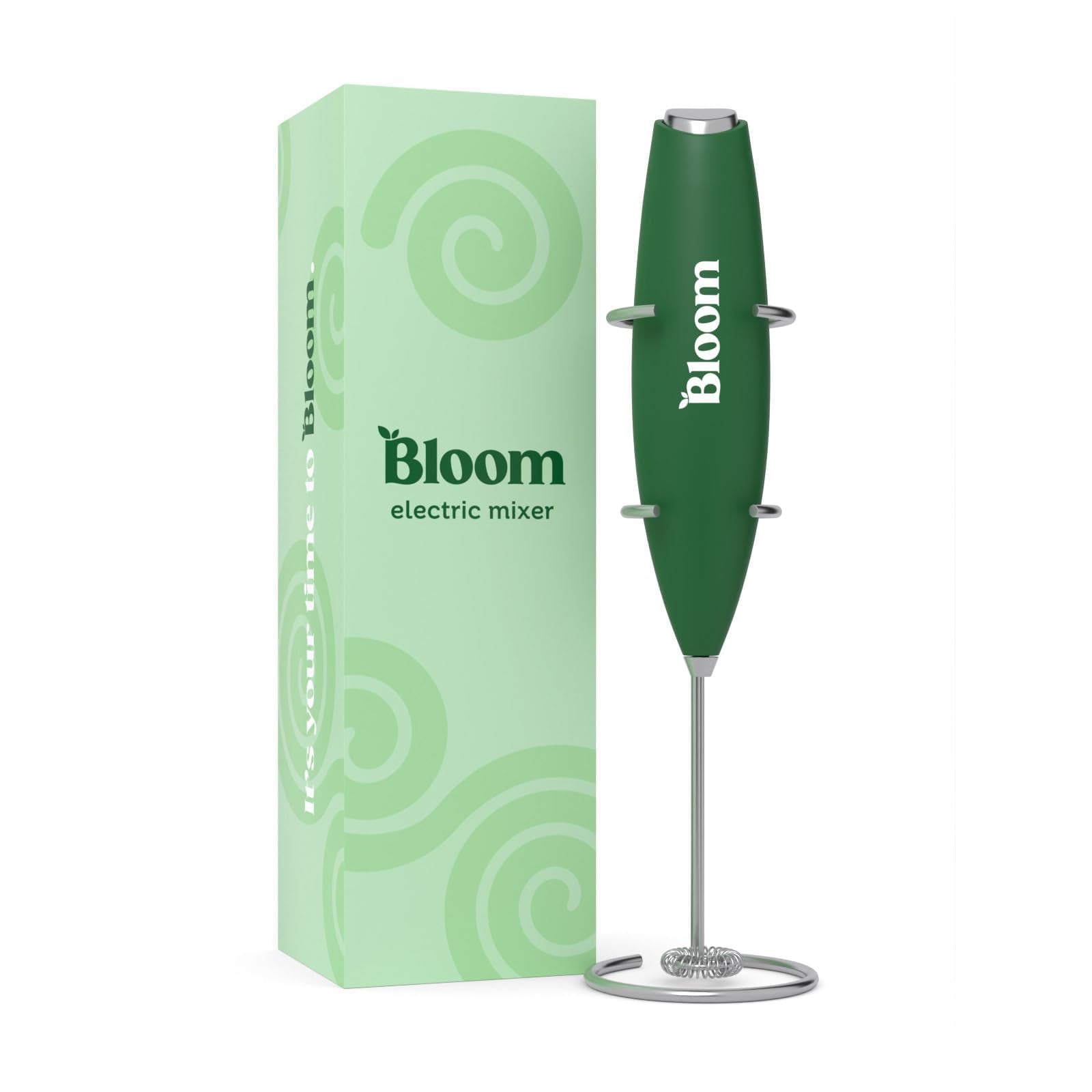 Bloom Nutrition Milk Frother, Hand Mixer, Electric, Handheld Drink Stirrer, Frothing Wand, Foam Maker for Coffee, Matcha, Protein, Greens, Stainless Steel, Battery Operated, Includes Whisk Stand