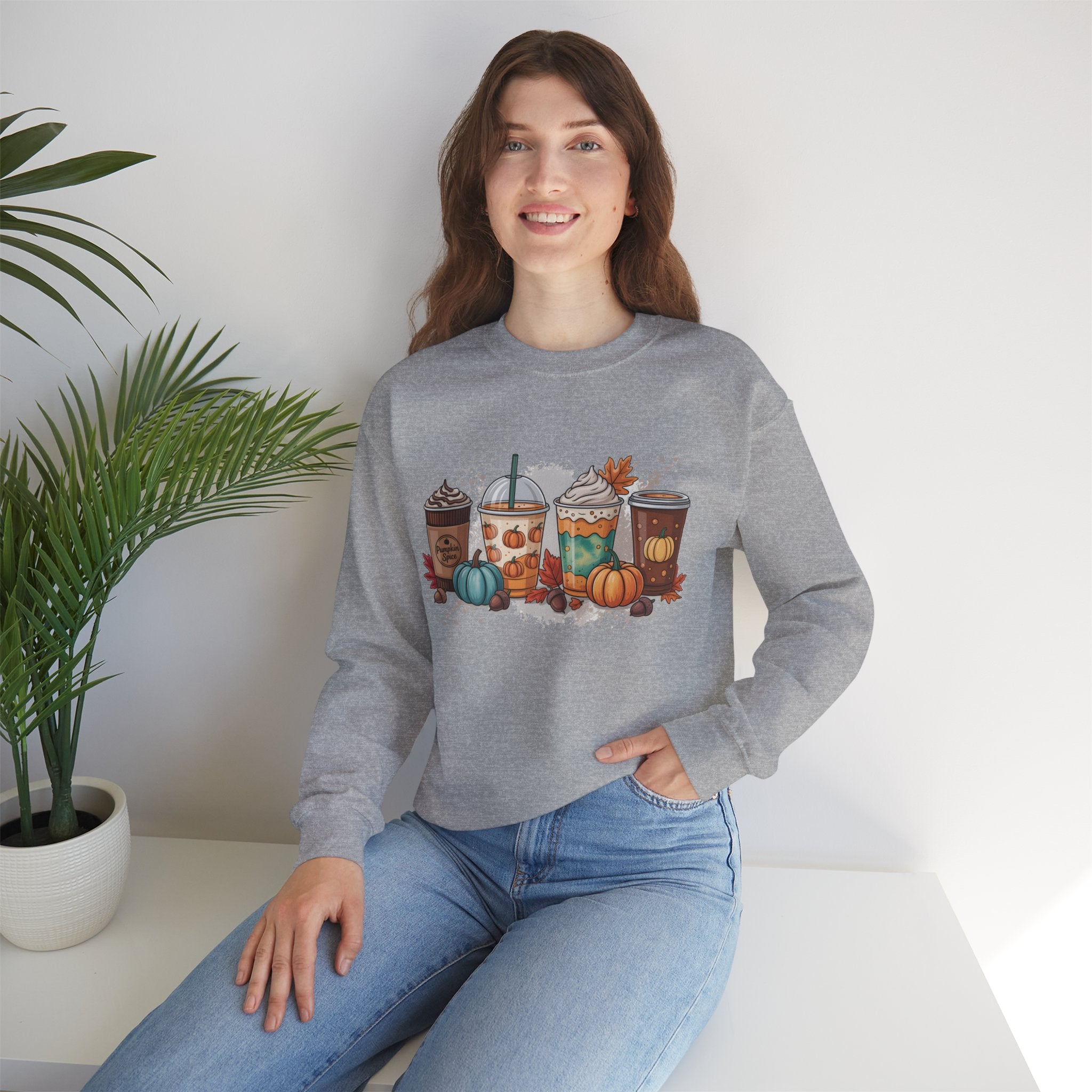 Fall-Inspired Cozy Crewneck Sweatshirt, Autumn Apparel, Unisex Coffee Lovers Sweatshirt