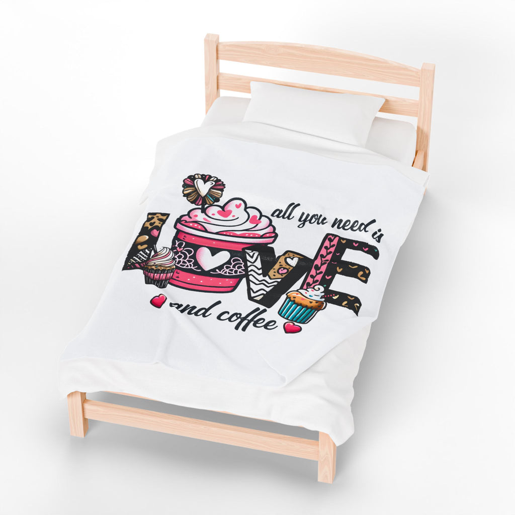 All you need is Love and Coffee Velveteen Plush Blanket, Coffee Lovers Plush Blanket