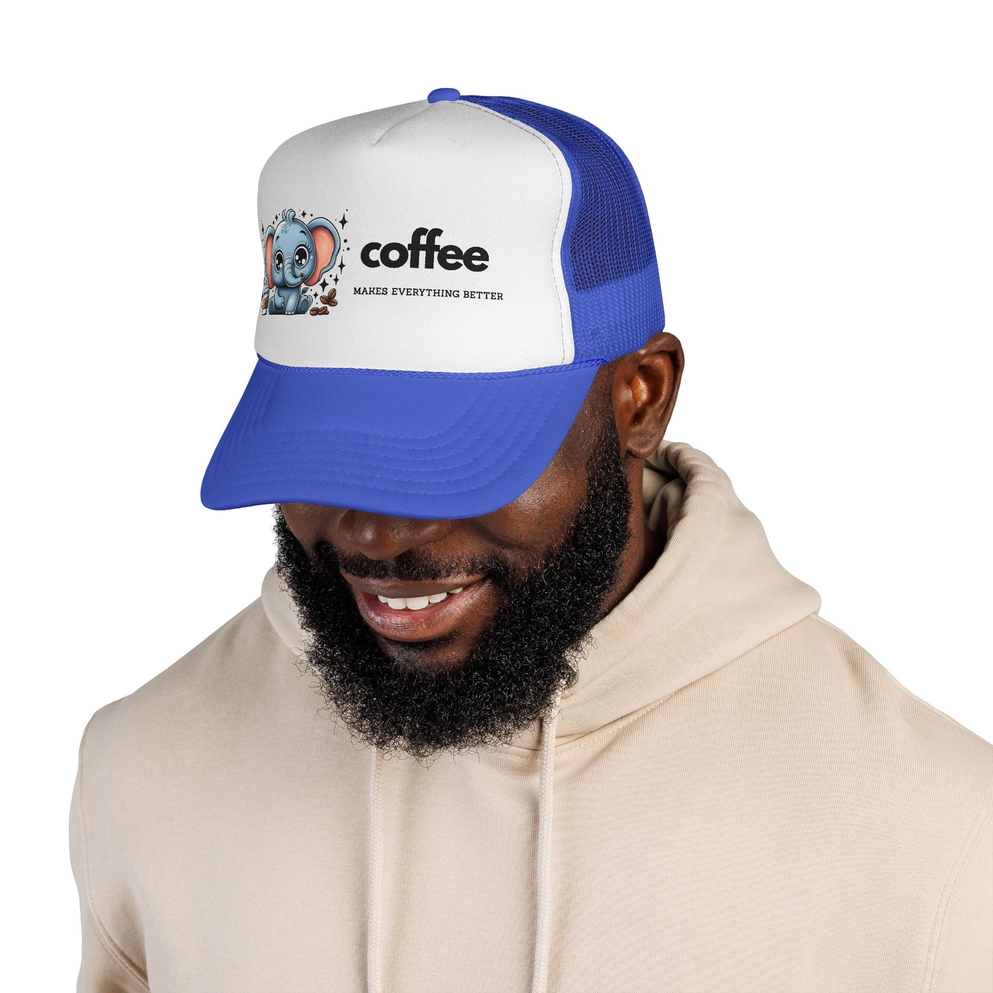 Coffee-Themed Trucker Cap, Cute Elephant Design, Perfect for Coffee Lovers, Fun Gift for Holidays and Everyday Wear