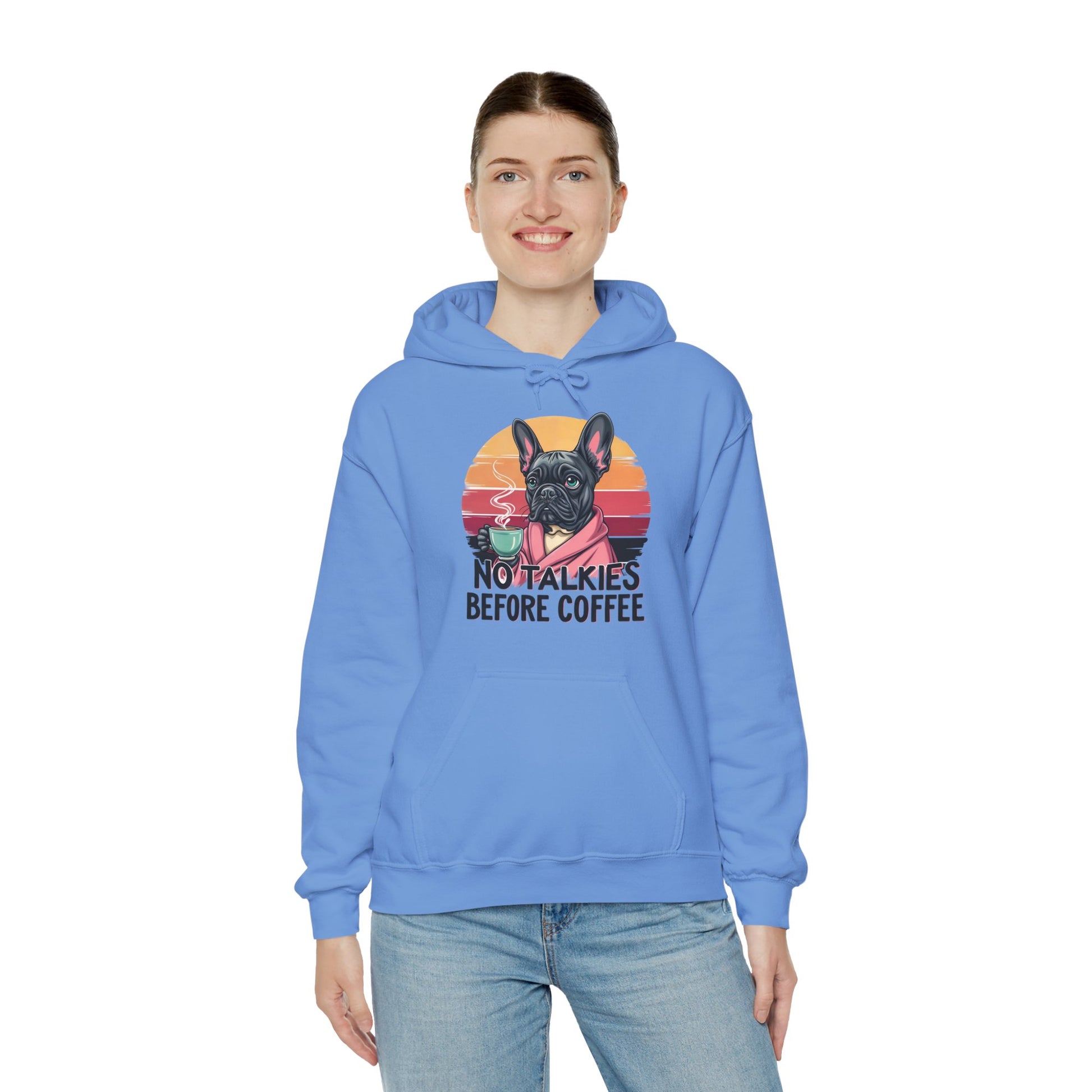 Coffee Lovers Hoodie with French Bulldog Design, No talkies before Coffee Hoodie