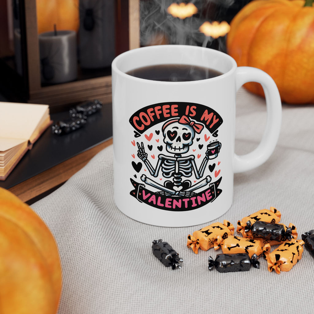 Valentine's Coffee Lover's Ceramic Mug, Cute Skeleton Design 11oz