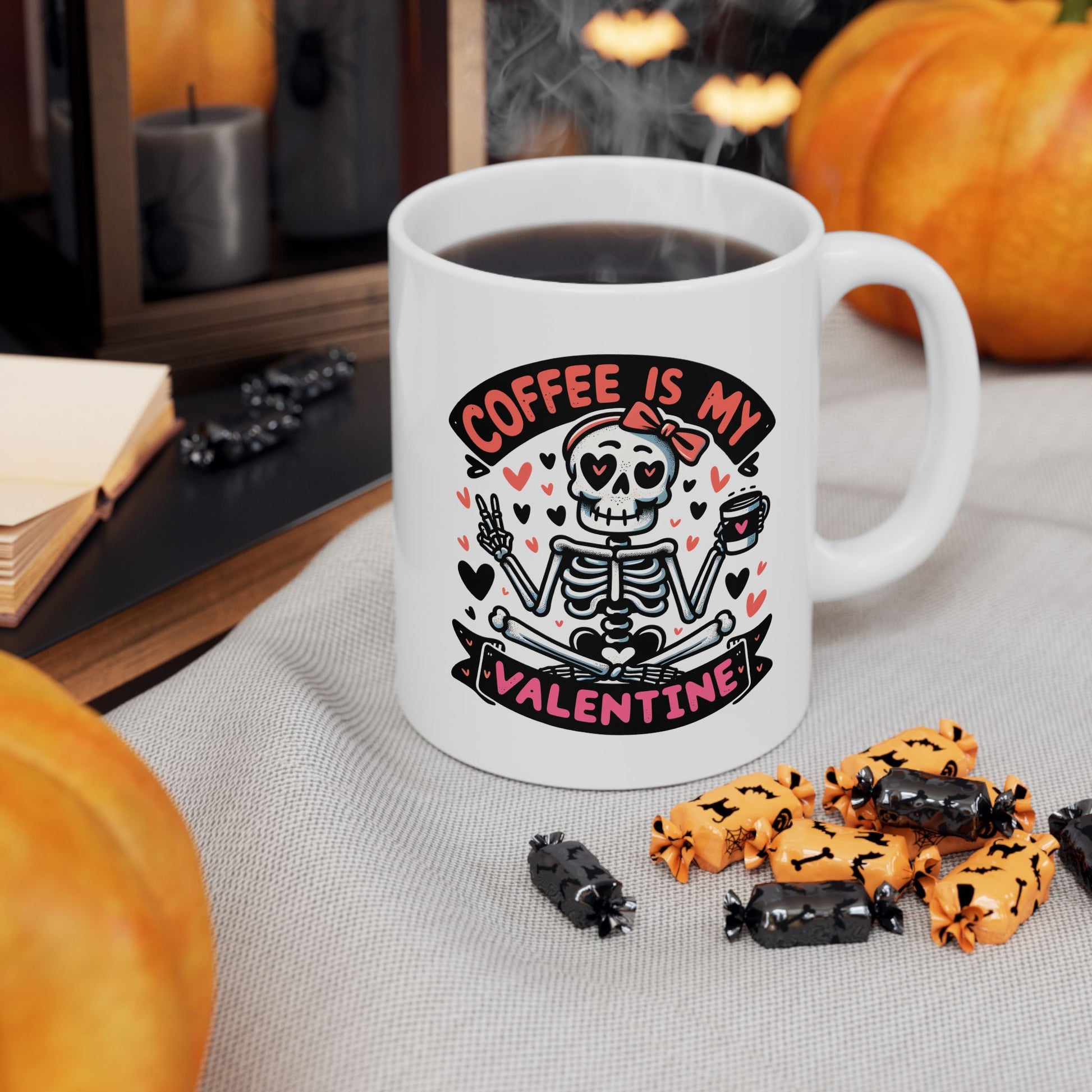 Valentine's Coffee Lover's Ceramic Mug, Cute Skeleton Design 11oz