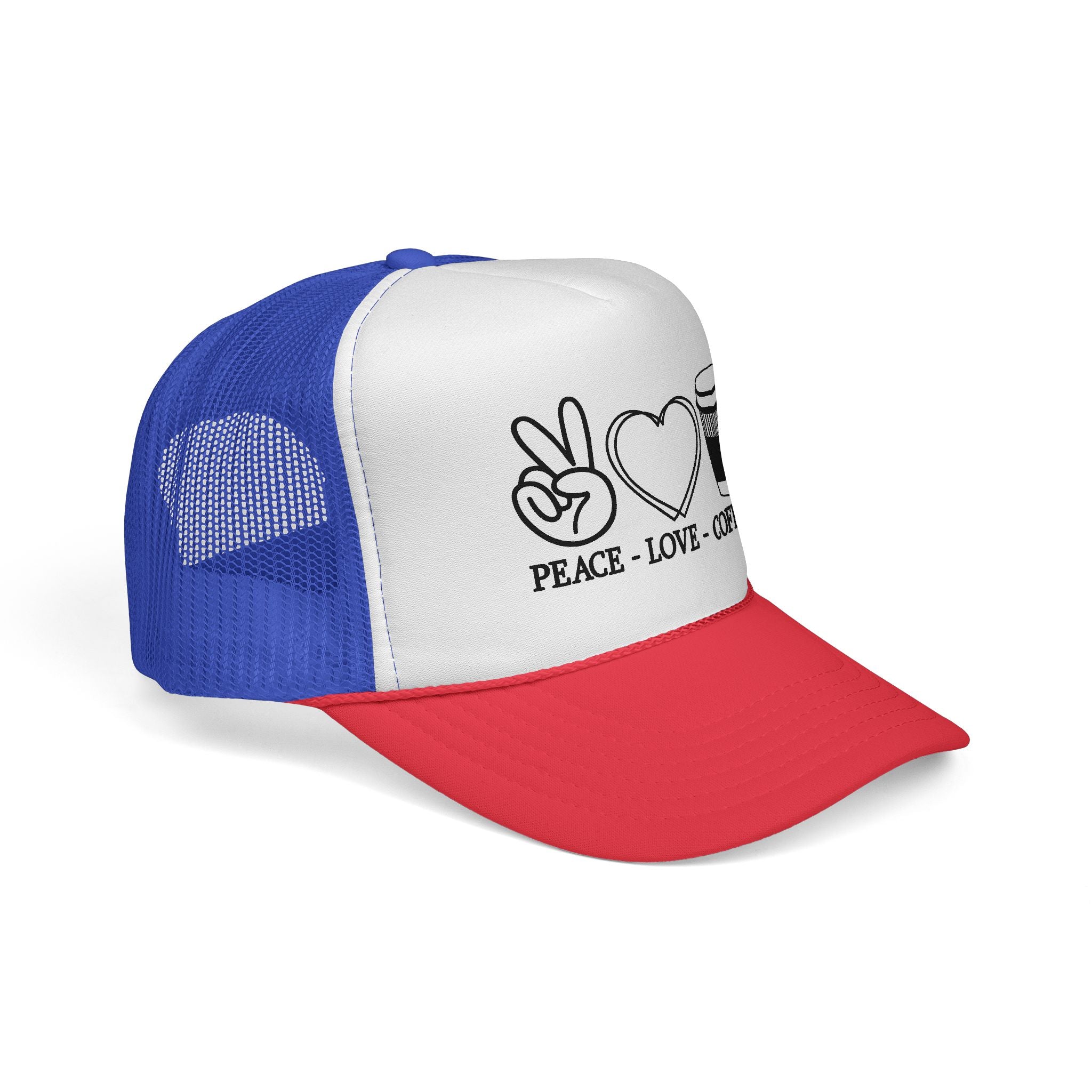 Peace, Love, Coffee Trucker Cap | Fun Casual Hat for Coffee Lovers | Great Gift for Holidays & Celebrations, Outdoors, Festivals, Beach
