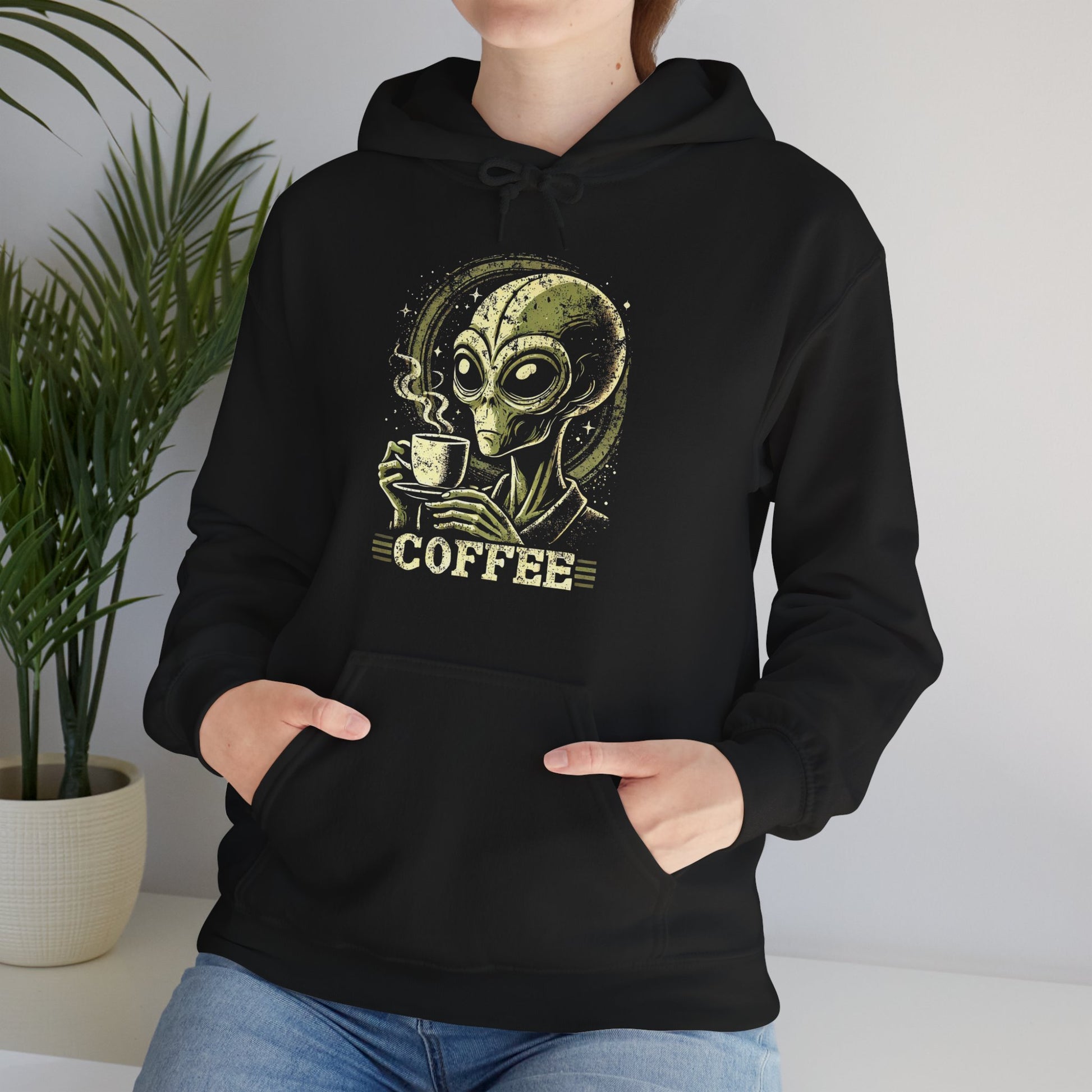 Coffee Alien Unisex Hoodie, Gift for Coffee Lovers, Cute Sci-Fi Apparel