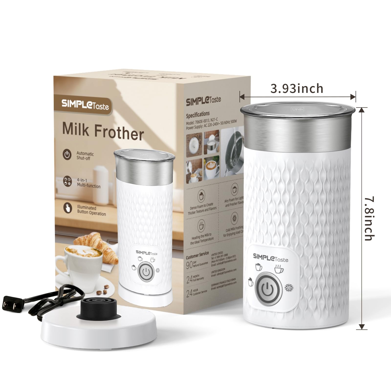 SIMPLETASTE Milk Frother, 4-in-1 Electric Milk Steamer, Automatic Warm and Cold Foam Maker and Milk Warmer for Latte, Cappuccinos, Macchiato
