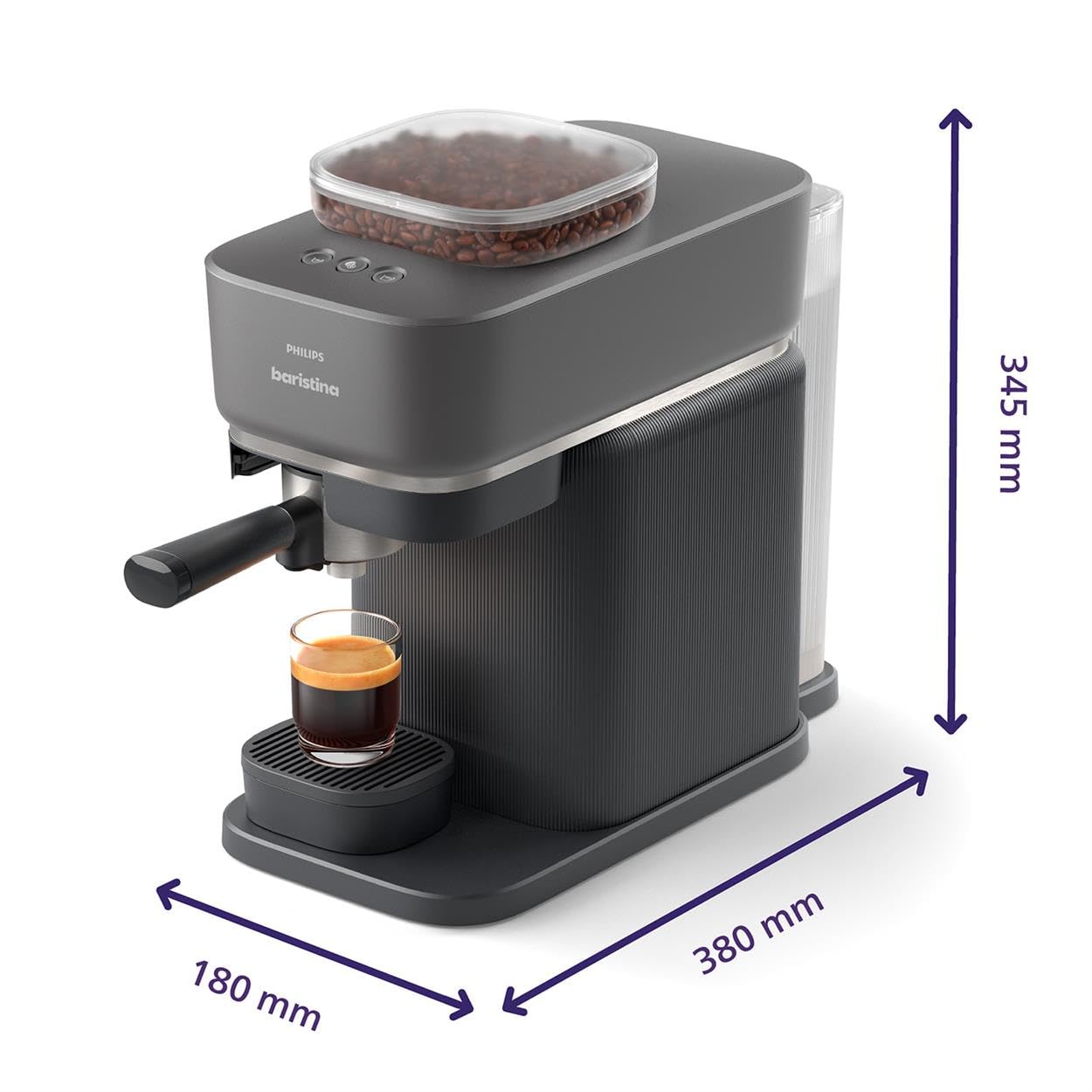 Philips Baristina Espresso Machine+Milk Frother Bundle. Real espresso. Compact coffee machine, portafilter, grinder, Cafe Crema. Dairy & Non-Dairy Milk foam. Hot & Cold. Easy Clean. Black (BAR303/60)
