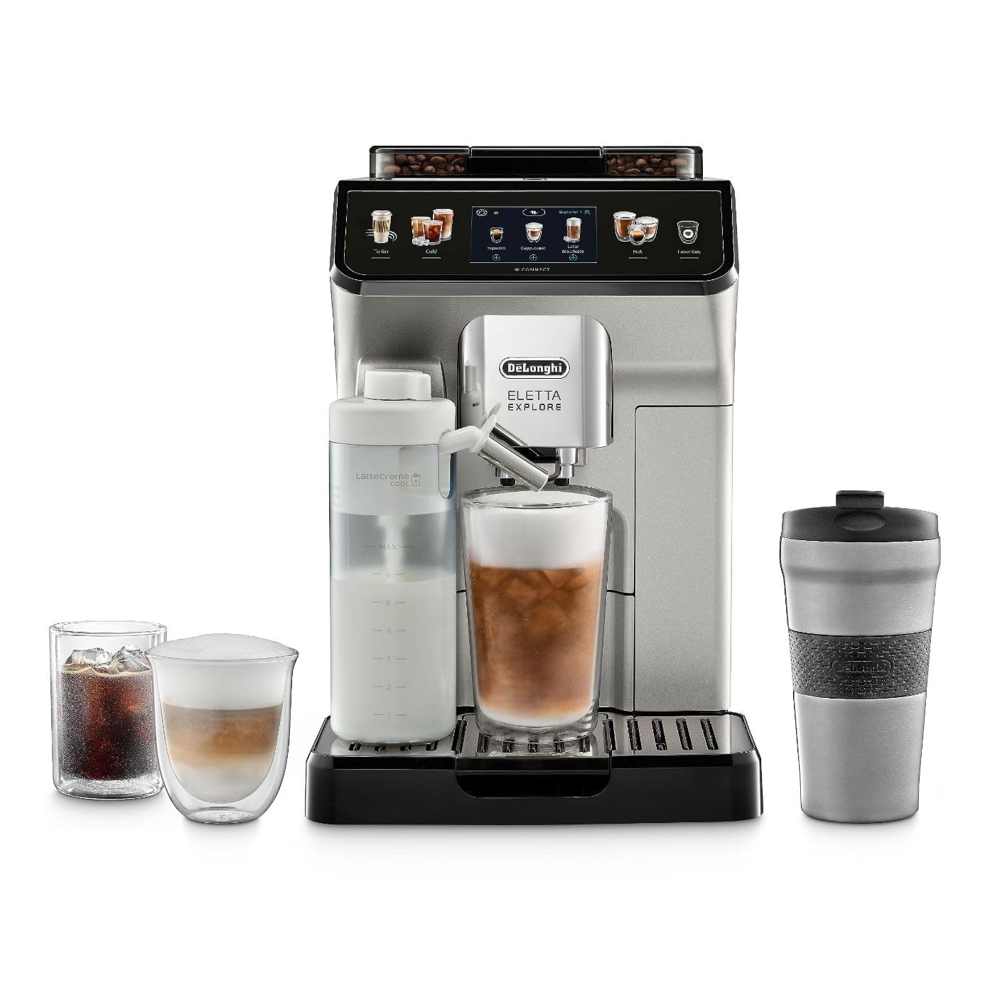 De'Longhi Eletta Explore Espresso Machine with Cold Brew, Hot & Cold Milk Frother - 50+ Recipes, Built in Grinder, User Profiles, Smartphone Compatible with Bean Adapt Technology for Ideal Extraction