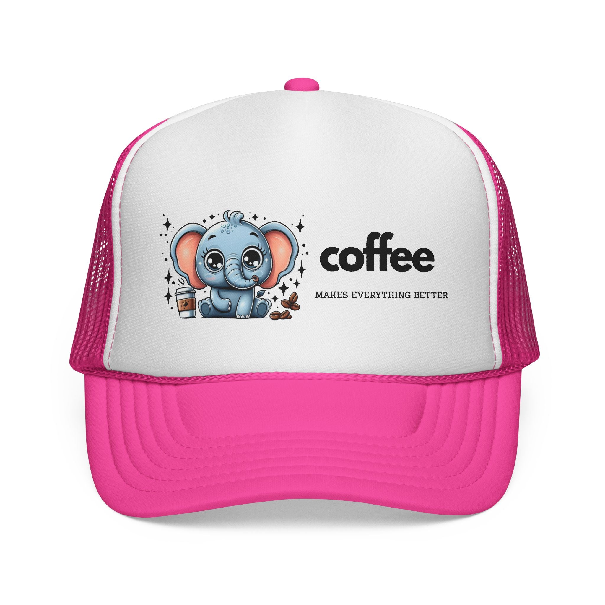 Coffee-Themed Trucker Cap, Cute Elephant Design, Perfect for Coffee Lovers, Fun Gift for Holidays and Everyday Wear