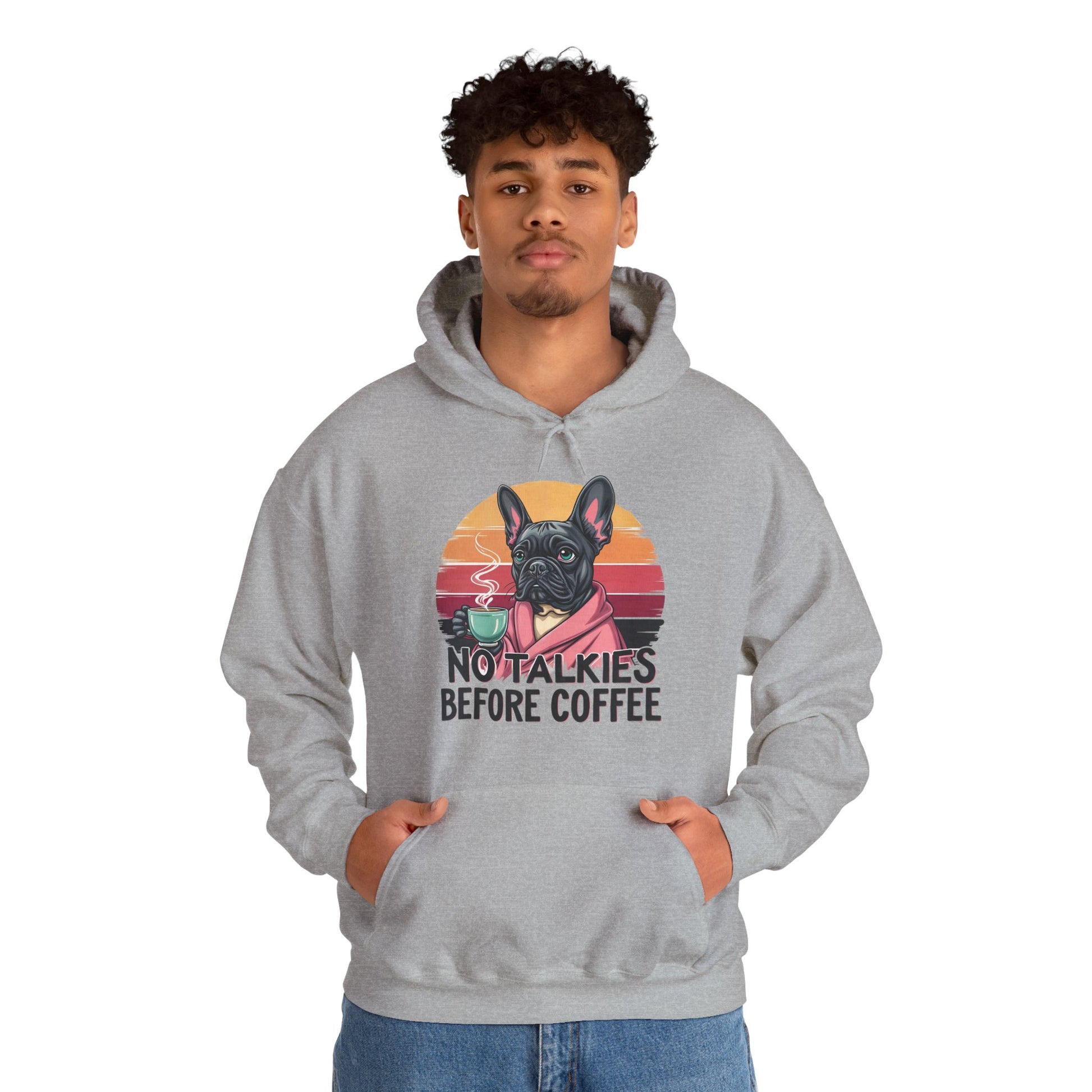 Coffee Lovers Hoodie with French Bulldog Design, No talkies before Coffee Hoodie