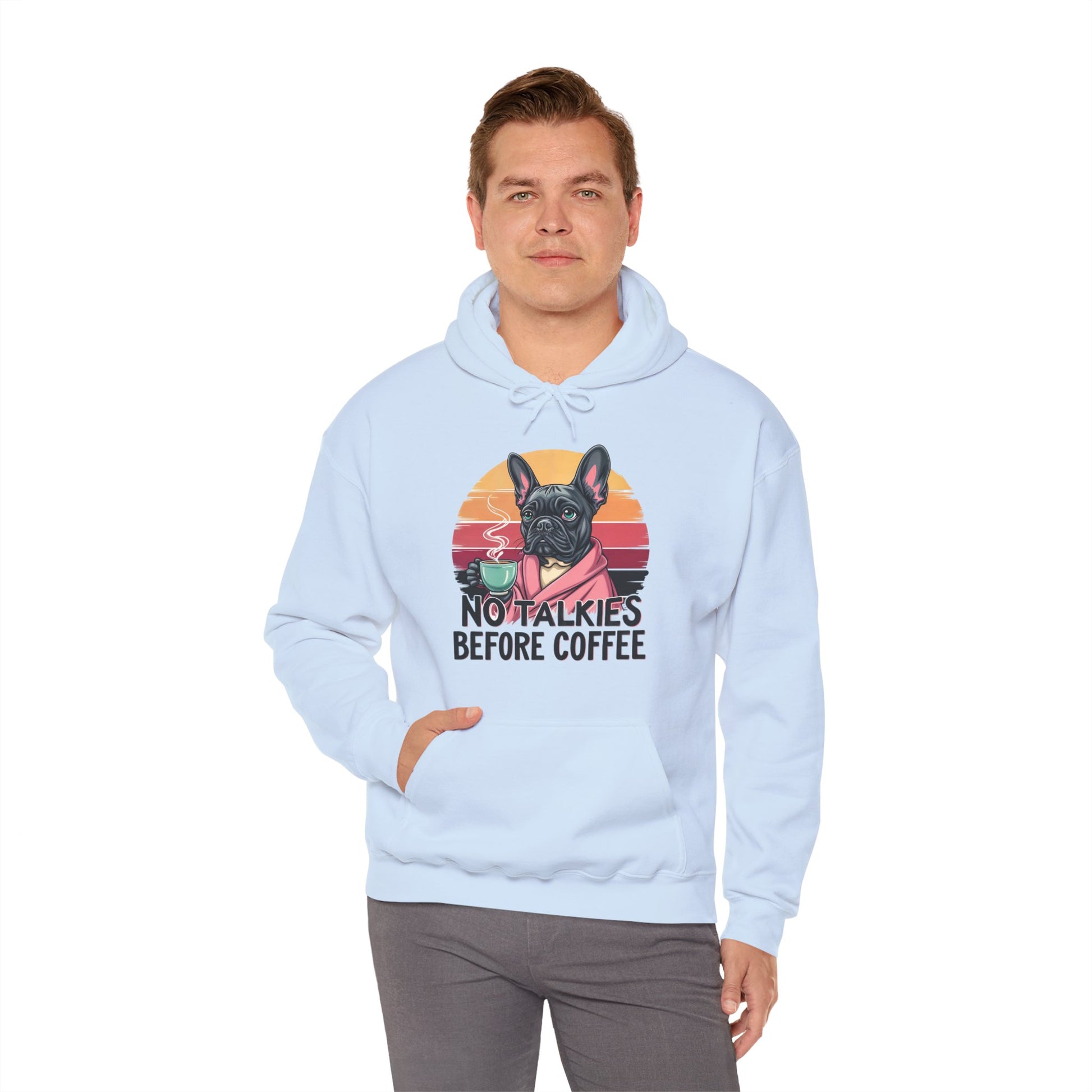 Coffee Lovers Hoodie with French Bulldog Design, No talkies before Coffee Hoodie