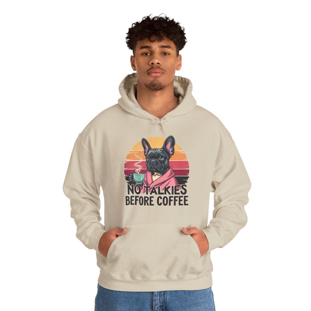 Coffee Lovers Hoodie with French Bulldog Design, No talkies before Coffee Hoodie