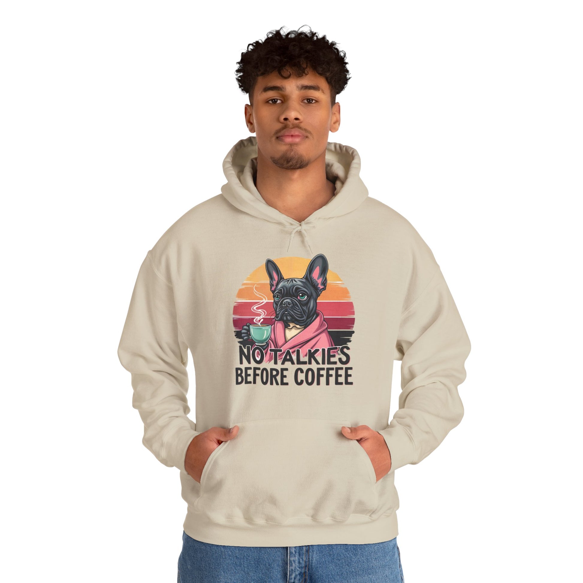 Coffee Lovers Hoodie with French Bulldog Design, No talkies before Coffee Hoodie