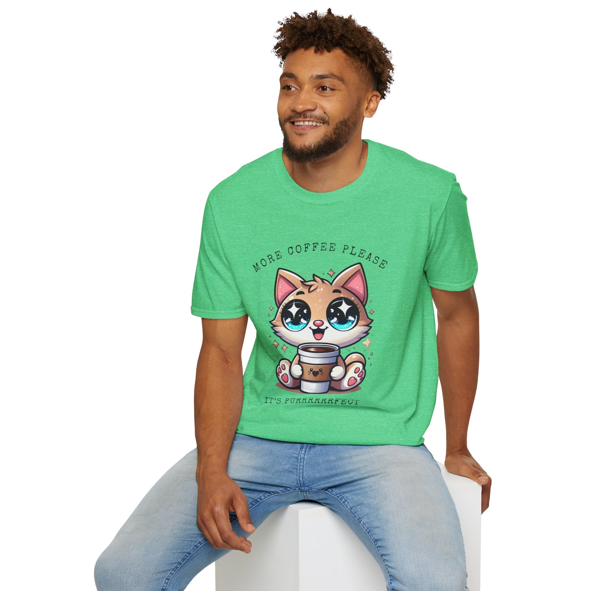 Cute Coffee Cat T-Shirt, Perfect for Cat Lovers, More coffee please .... It's purrrrfuct, Unisex Softstyle Tee