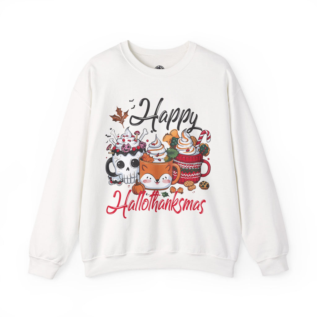 Happy Hallothankmas Sweatshirt, Cozy Crewneck for Fall, Unisex Seasonal Apparel, Perfect Gift for Halloween and Christmas, Cute Cat Design
