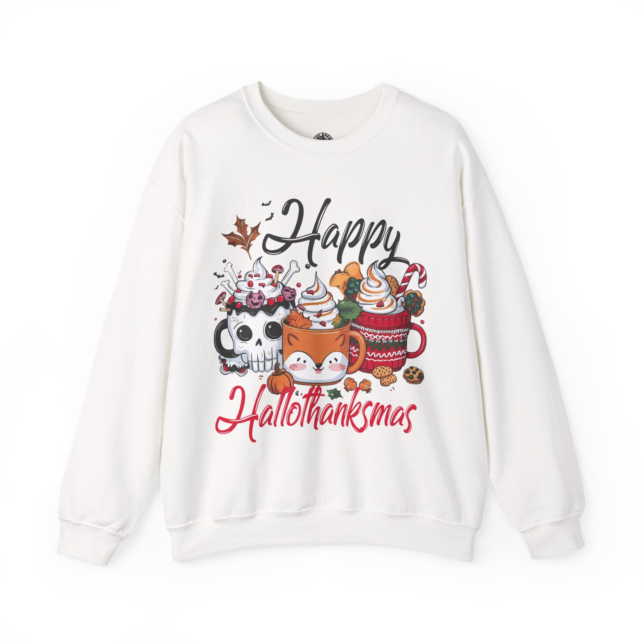 Happy Hallothankmas Sweatshirt, Cozy Crewneck for Fall, Unisex Seasonal Apparel, Perfect Gift for Halloween and Christmas, Cute Cat Design