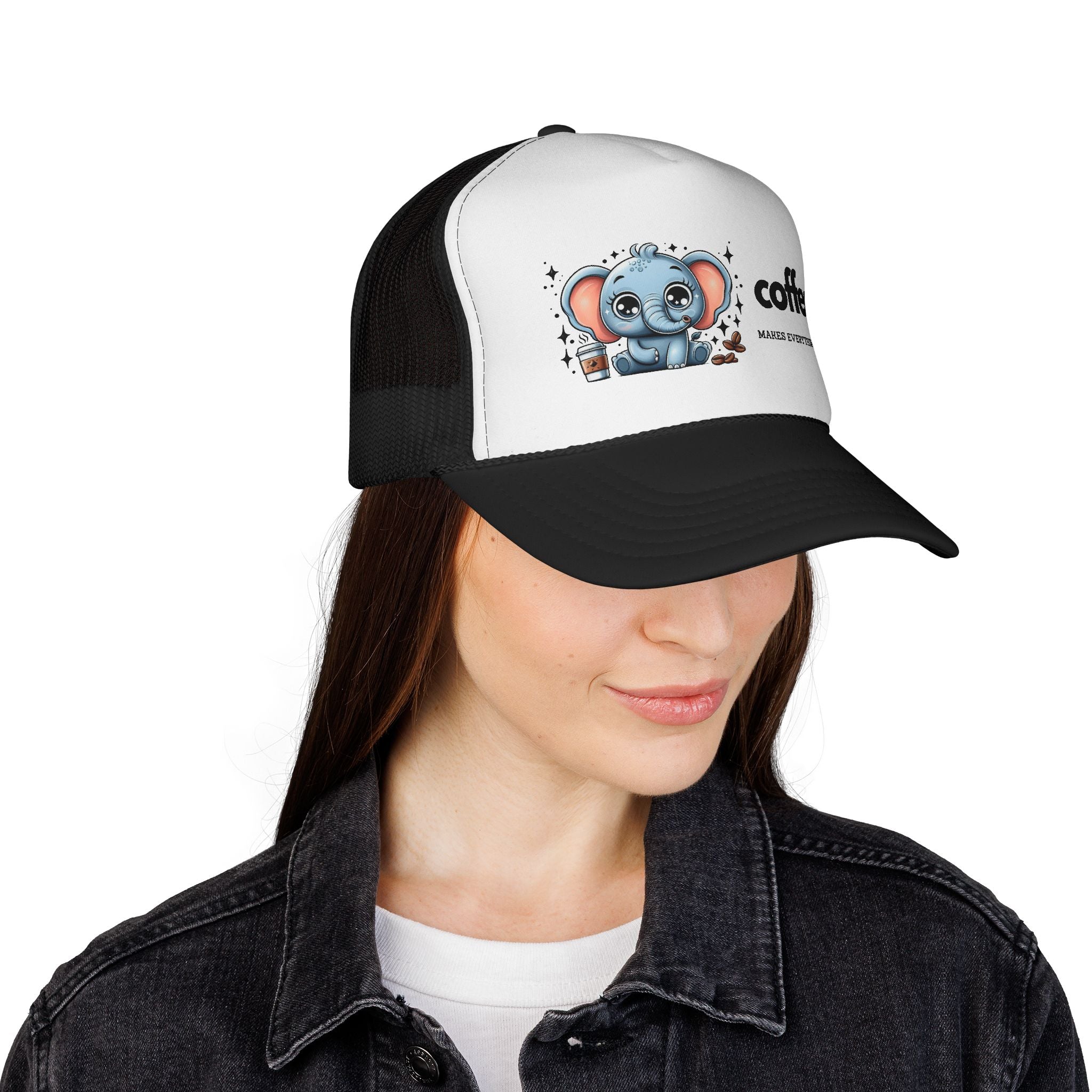 Coffee-Themed Trucker Cap, Cute Elephant Design, Perfect for Coffee Lovers, Fun Gift for Holidays and Everyday Wear