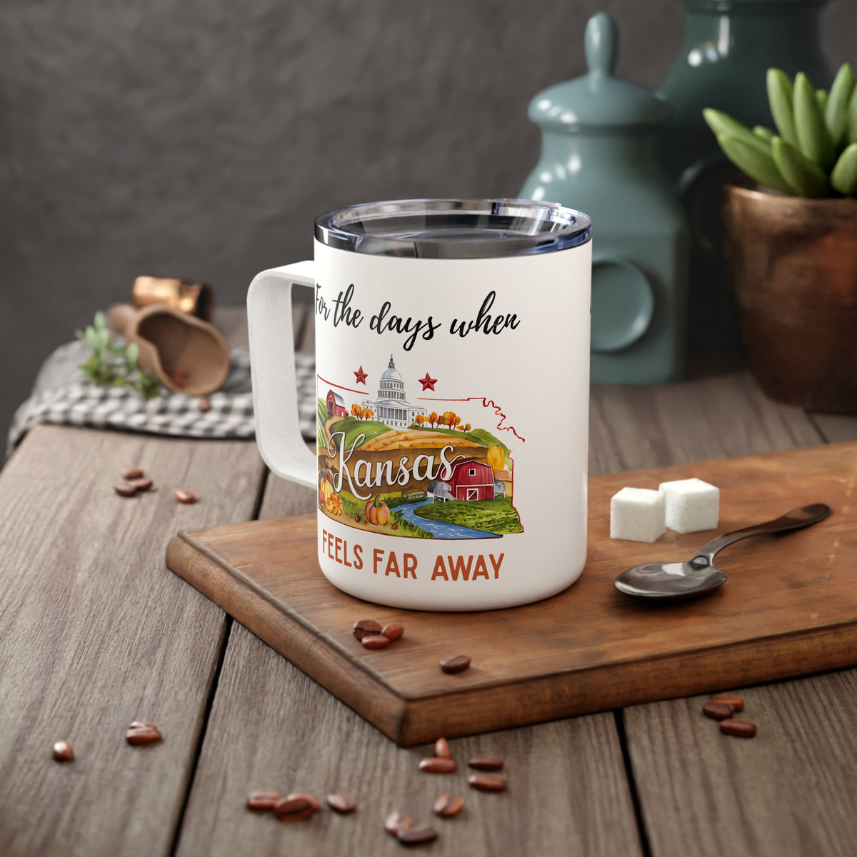 Kansas feels far away Insulated Coffee Mug, Missing Kansas Coffee tumbler, Homesick Mug