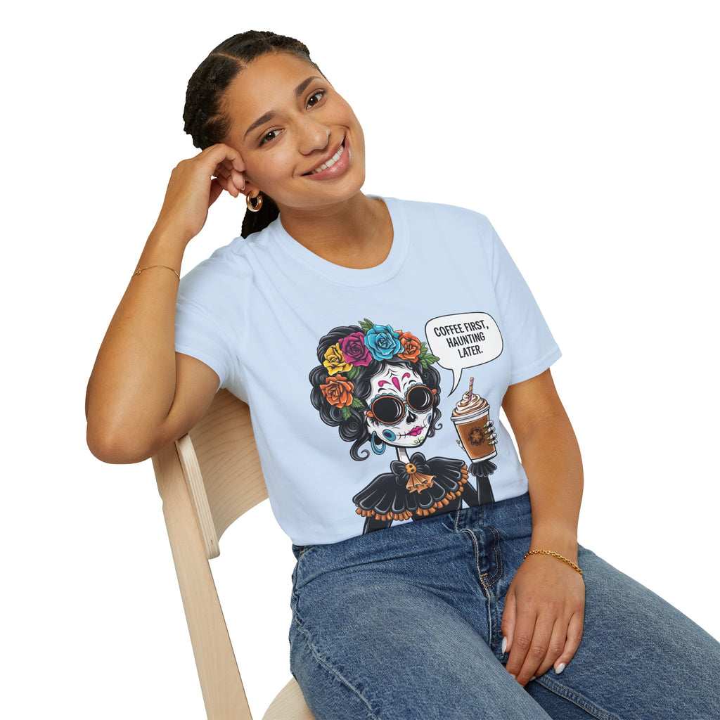 Coffee First, Haunting Later Halloween T-Shirt, Cute Halloween Apparel, Coffee Lover Gift