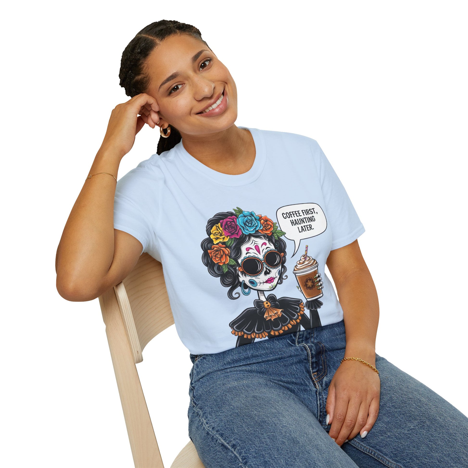 Coffee First, Haunting Later Halloween T-Shirt, Cute Halloween Apparel, Coffee Lover Gift