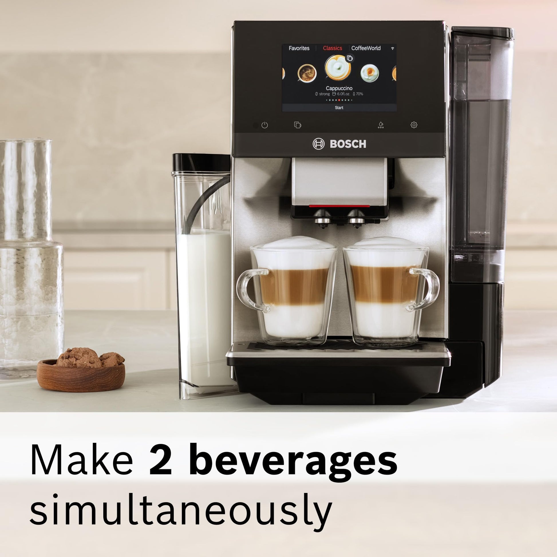 Bosch 800 Series Fully Automatic Espresso Machine – 36 Drinks with Coffee World, Cold Brew, Double Cup, Integrated Milk Container, Smart Features, in Silver TQU60307