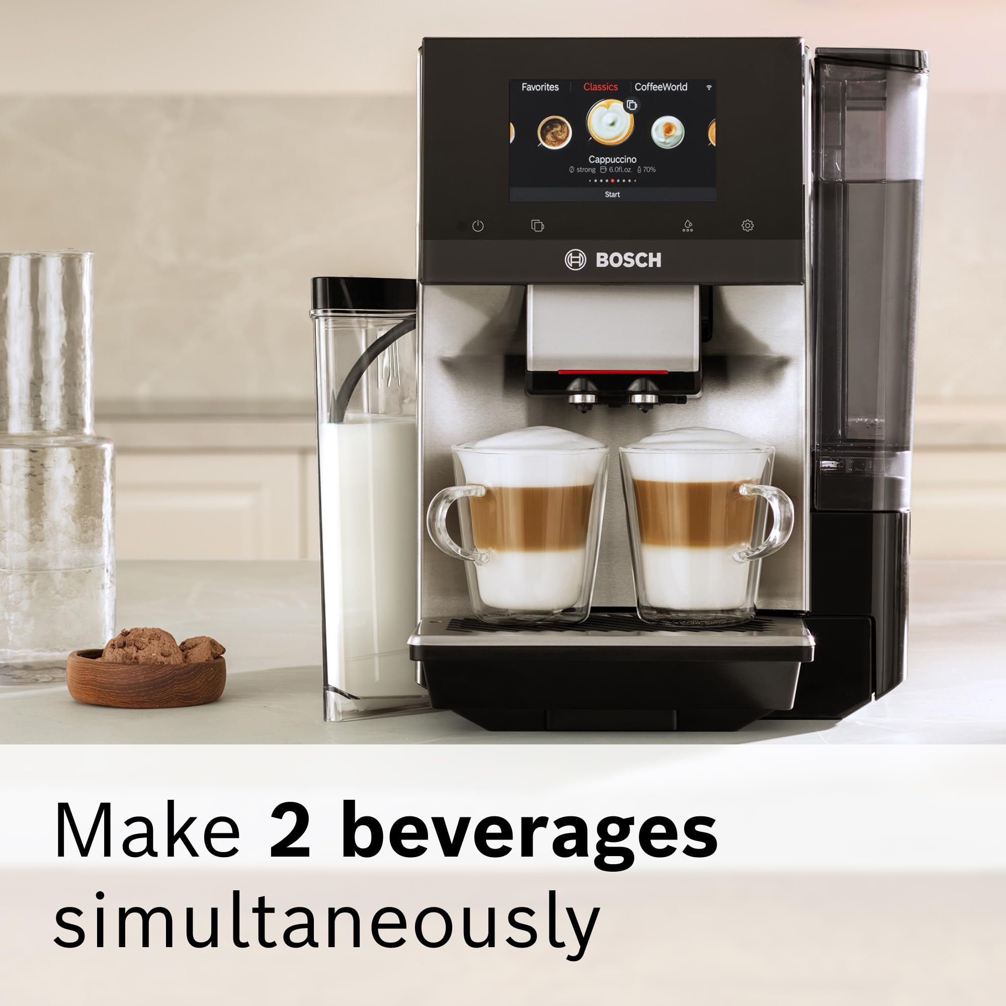 Bosch 800 Series Fully Automatic Espresso Machine – 36 Drinks with Coffee World, Cold Brew, Double Cup, Integrated Milk Container, Smart Features, in Silver TQU60307