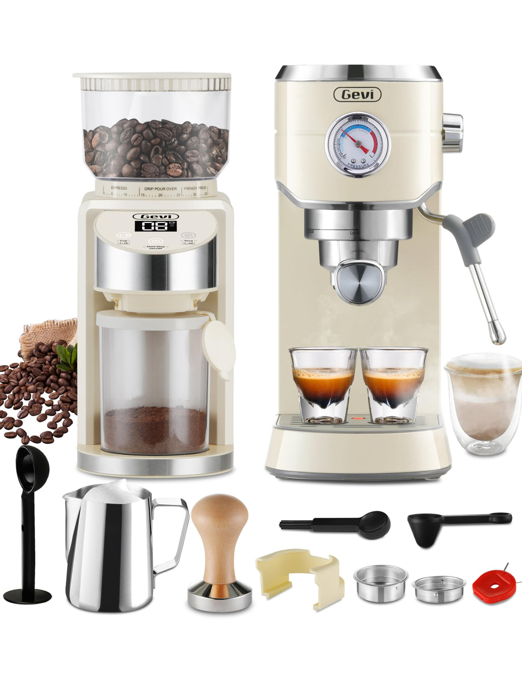 Gevi 20 Bar Espresso Coffee Machine with Burr Grinder Set | 35 Precise Grind Settings | Milk Frother for Latte Cappuccino | Professional Home Barista Kit | Gift for Coffee Lovers