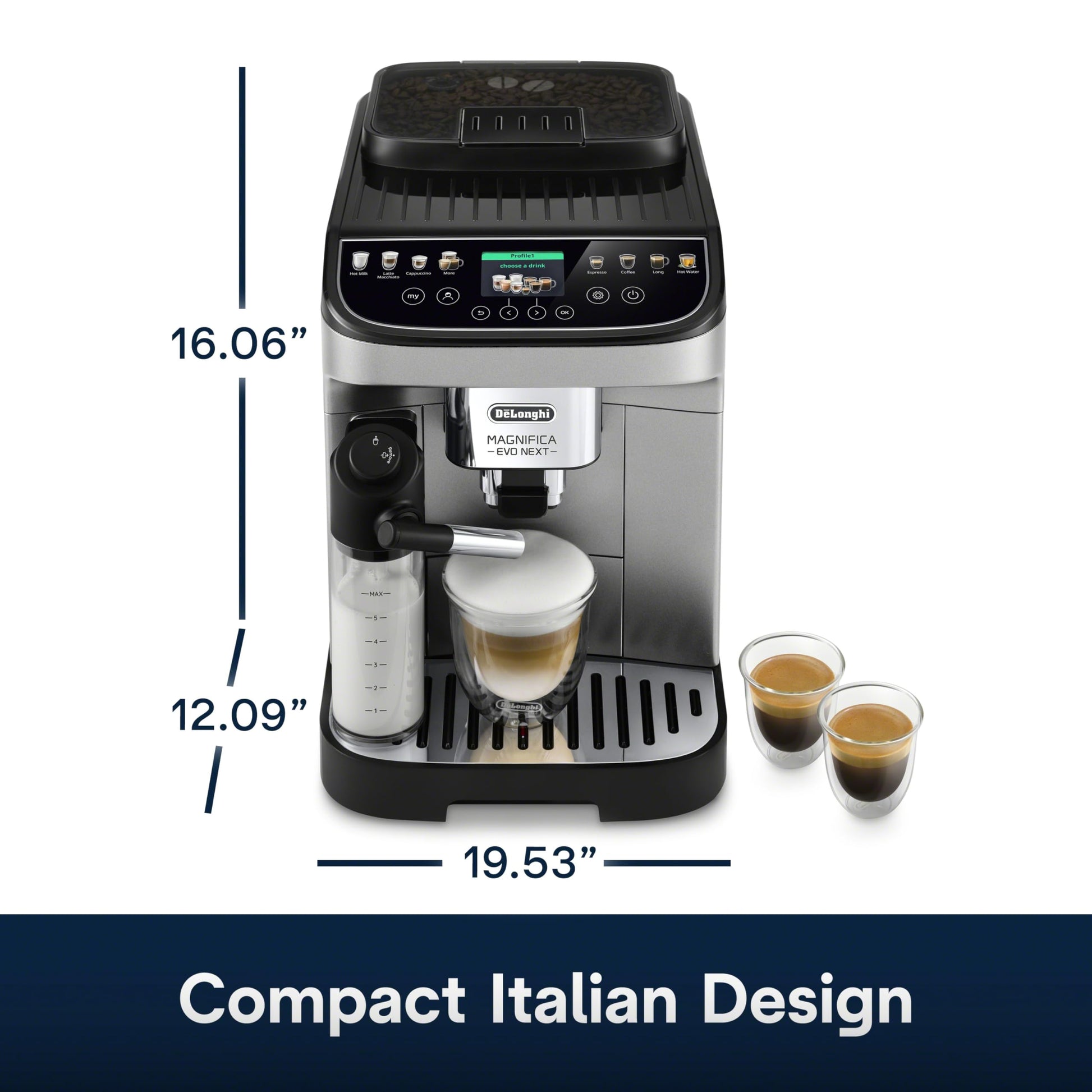 De'Longhi Magnifica Evo Next Fully Automatic Espresso Machine - Programmable Coffee Maker with Grinder and Milk Frother - Hot & Cold Brewer for Espresso, Latte, Cappuccino, Americano, Tea and More