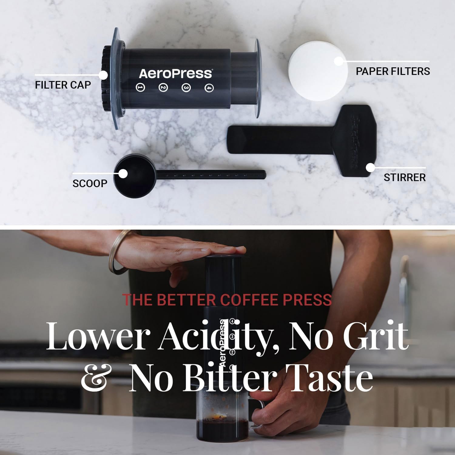 AeroPress Original Coffee Press – 3 In 1 Brew Method Combines French Press, Espresso, Full Bodied Coffee Without Grit or Bitterness, Small Portable Coffee Maker for Camping & Travel