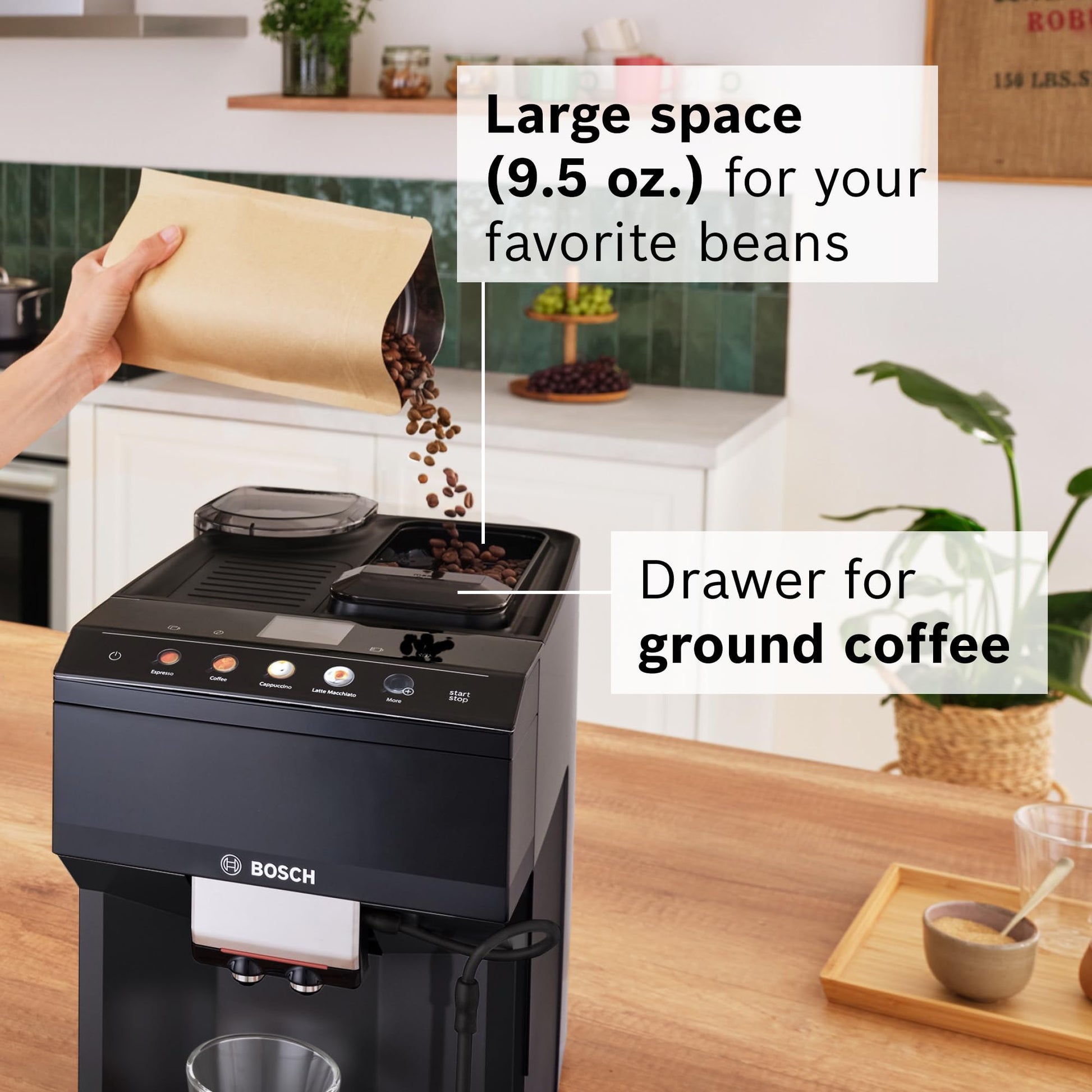 Bosch 500 Series Fully Automatic Espresso Machine – Touch Control Panel, Milk Hose, Ceramic Grinder, Uses Beans & Ground Coffee, 9 One-Touch Drinks, in Black TPU40109
