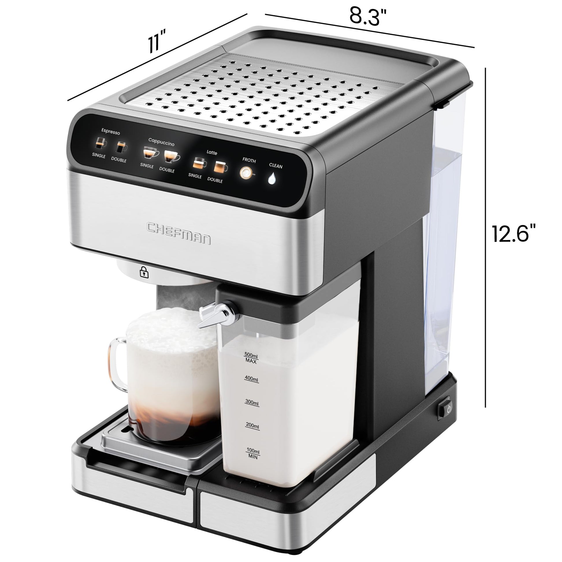 Chefman CaféMaster Pro Espresso Machine, Brew Single or Double Shots, Coffee Maker with Built-In Milk Frother for Cappuccino & Latte, XL 1.8 Liter Removable Water Reservoir - Stainless Steel